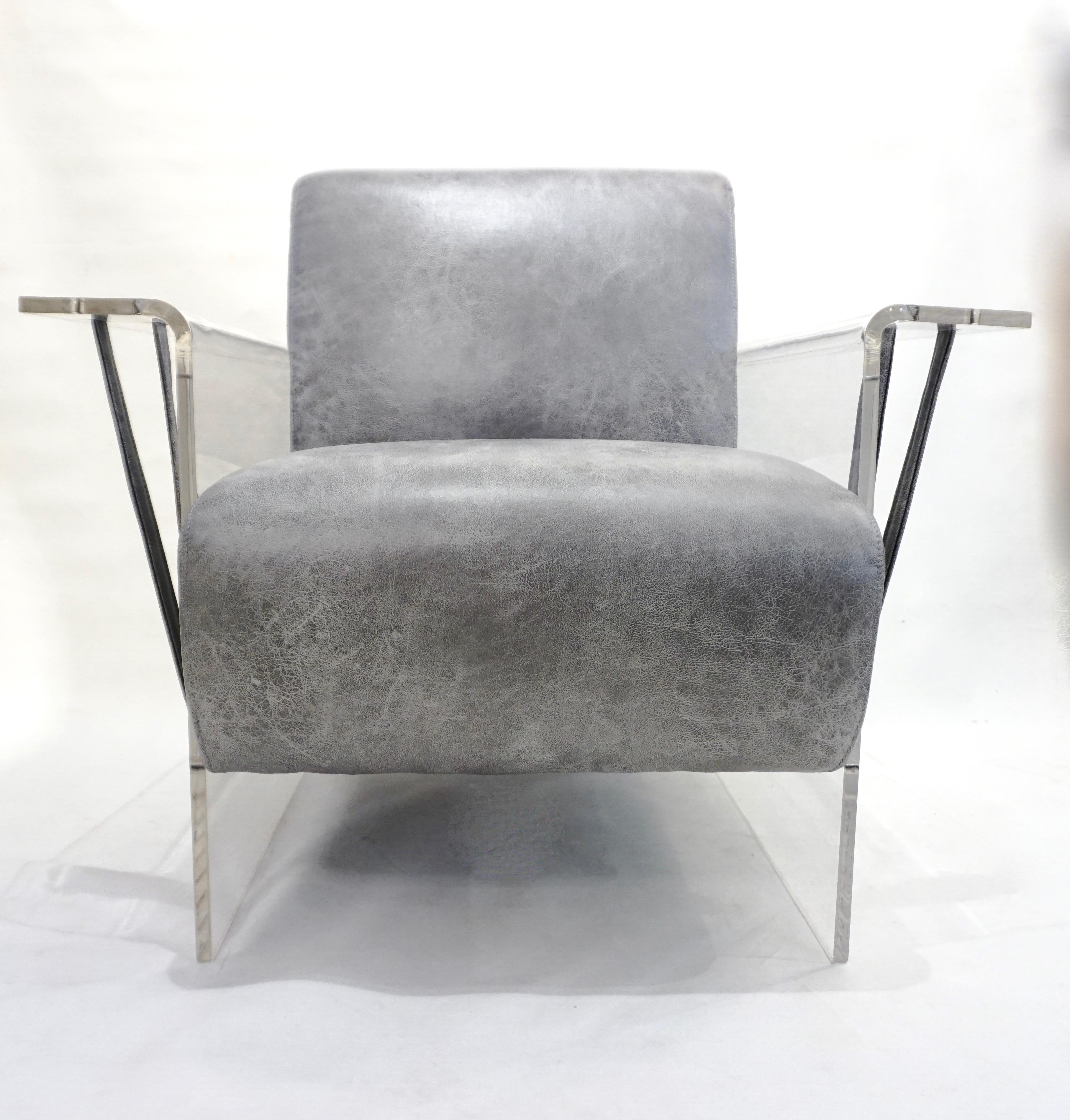 Bespoke Modernist Lucite Acrylic Lounge Armchair in Light Gray Faux Leather 1