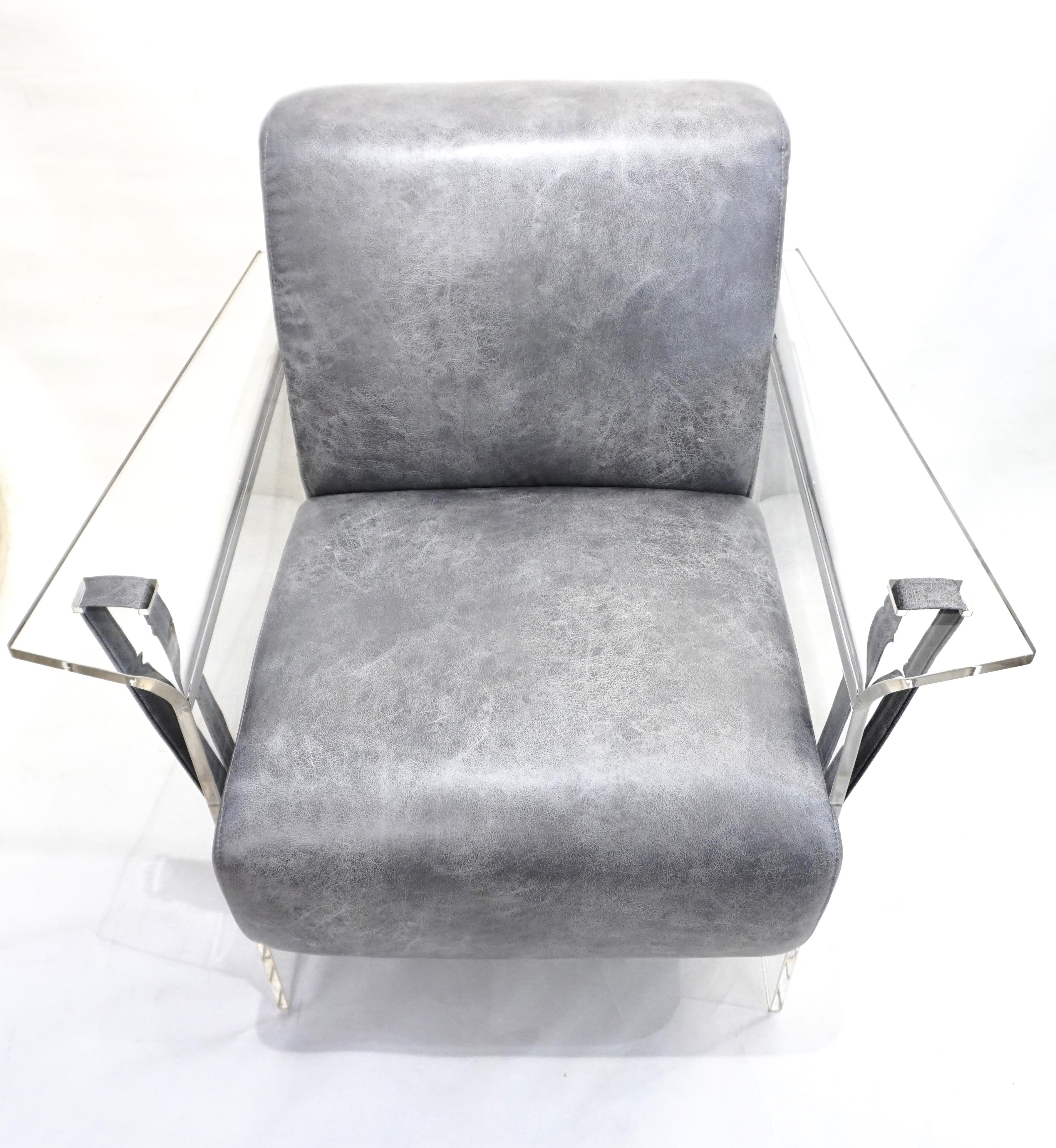 Bespoke Modernist Lucite Acrylic Lounge Armchair in Light Gray Faux Leather 2