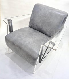 Bespoke Modernist Lucite Acrylic Lounge Armchair in Light Gray Faux Leather
