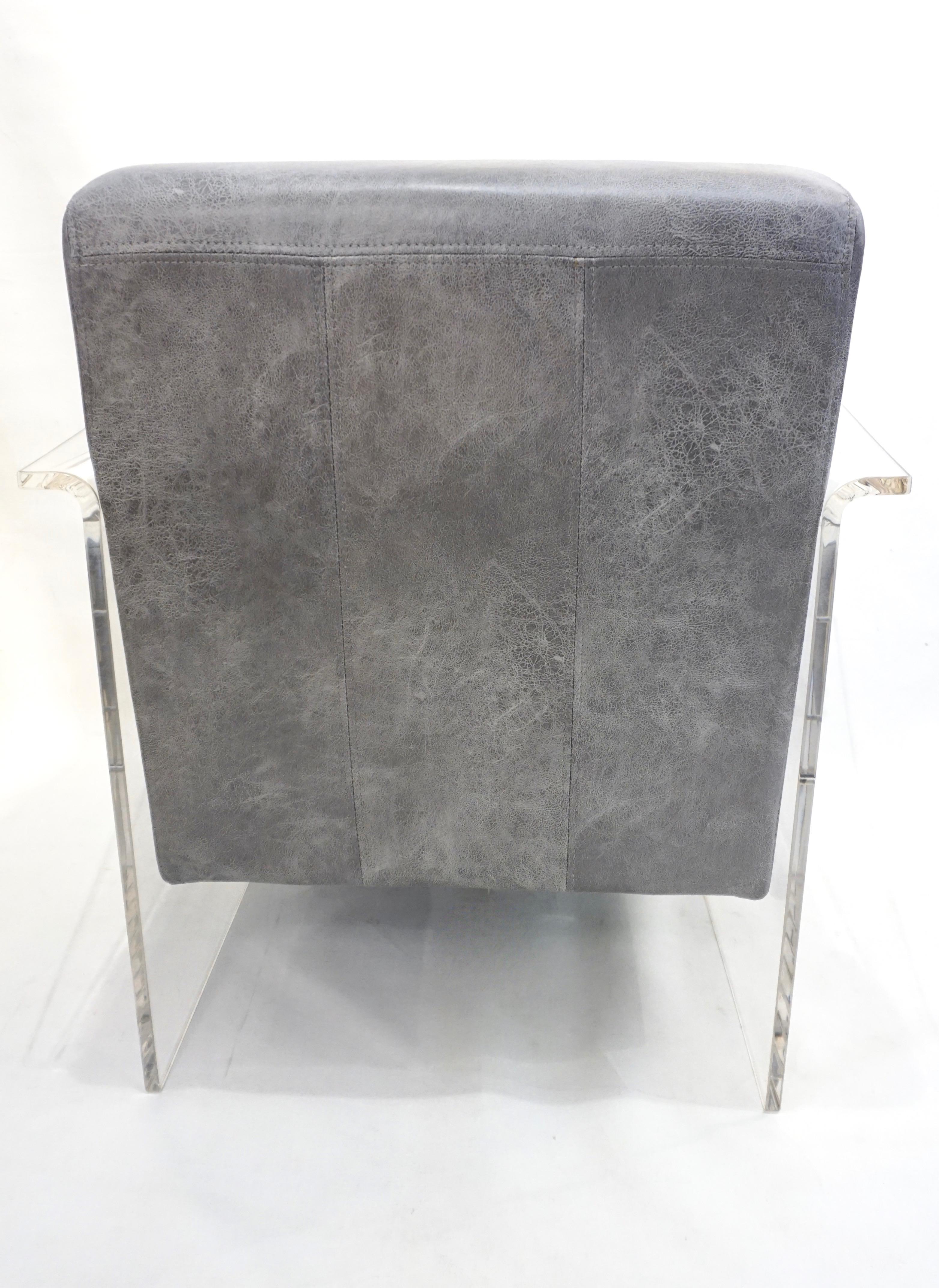 Organic Modern Bespoke Modernist Lucite Acrylic Lounge Armchair in Light Gray Faux Leather