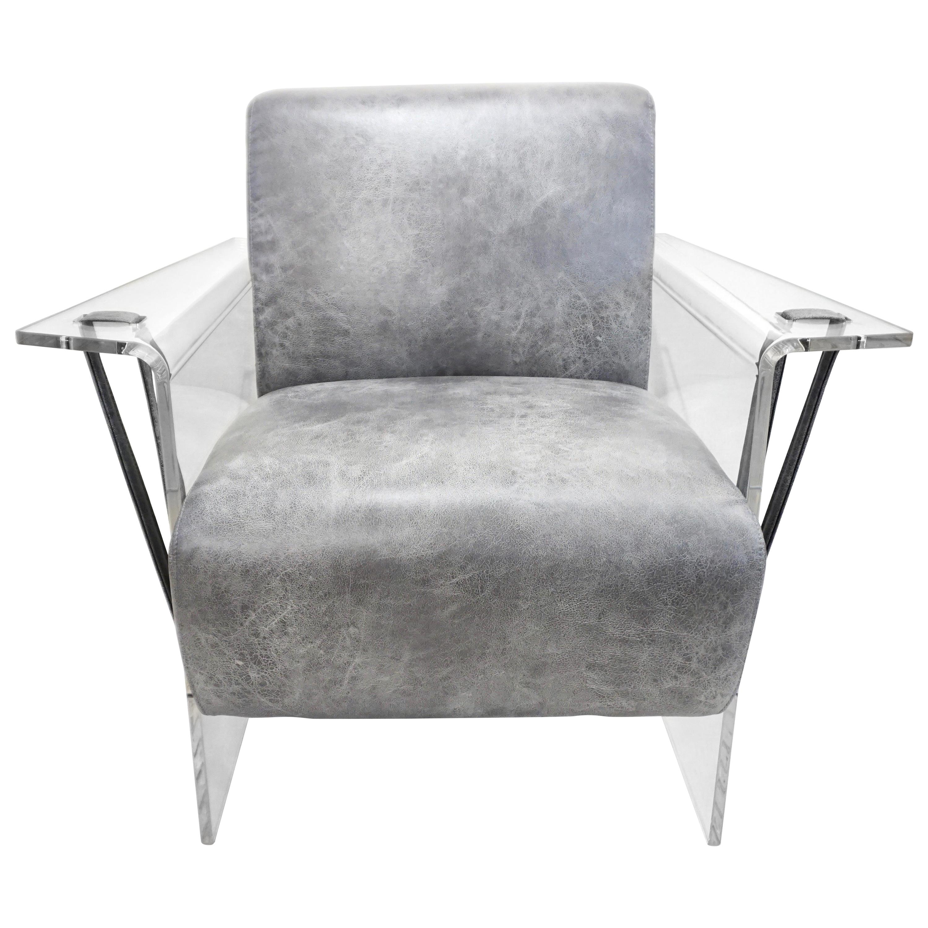 Bespoke Modernist Lucite Acrylic Lounge Armchair in Light Gray Faux Leather
