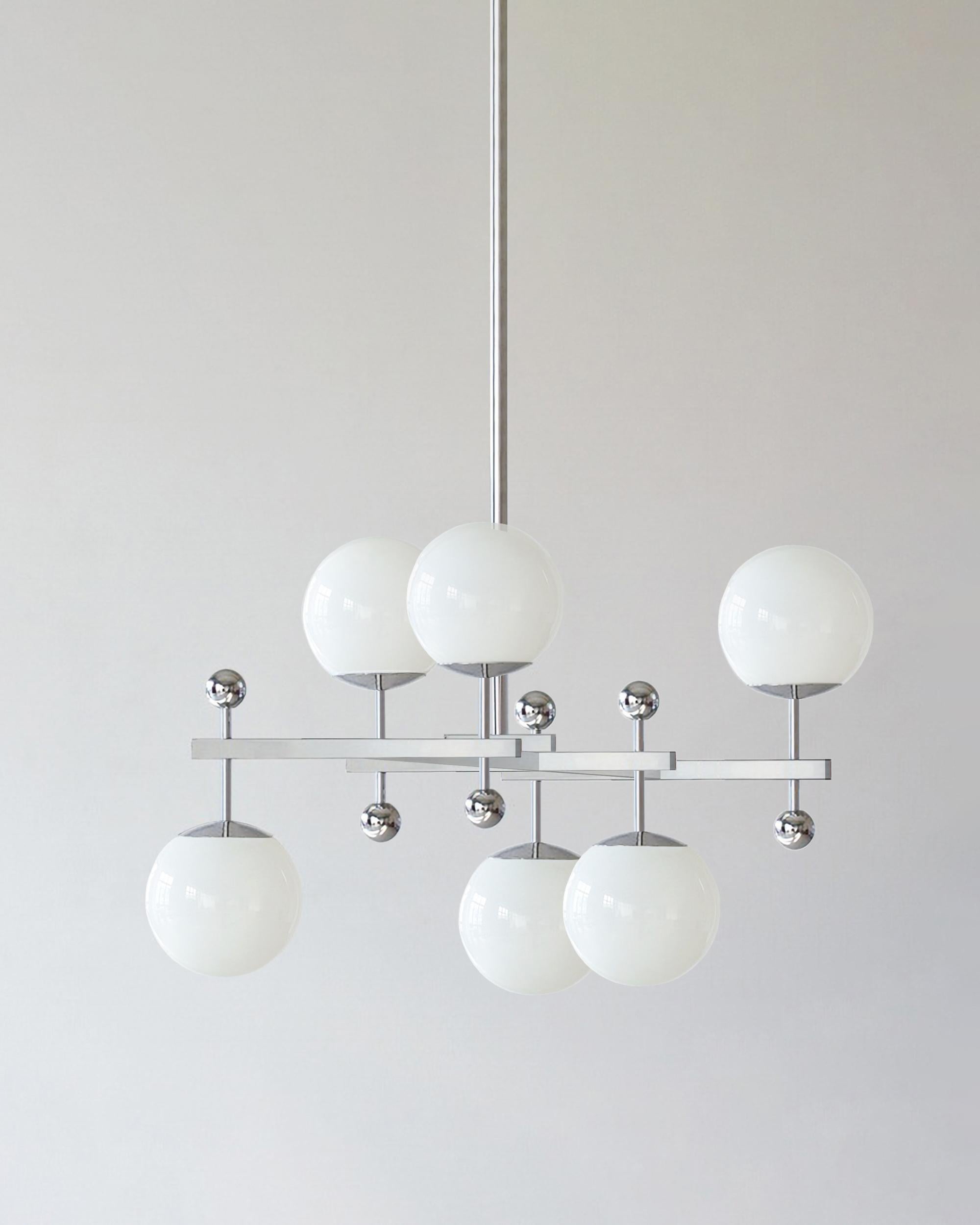 Bespoke modernist pendant light, nickel plated brass with 6 opaline glass bulbs.
Also available with 2, 4, 6  or 8 opaline glass bulbs.