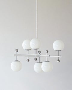Bespoke Modernist Pendant Light, Nickel Plated Brass with 6 Opaline Glass Bulbs