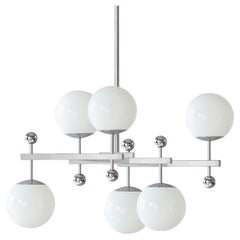 Lampada a sospensione modernista su misura, in ottone nichelato con 6 lampadine in vetro opalino