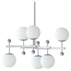 Bespoke Modernist Pendant Light, Nickel Plated Brass with 6 Opaline Glass Bulbs