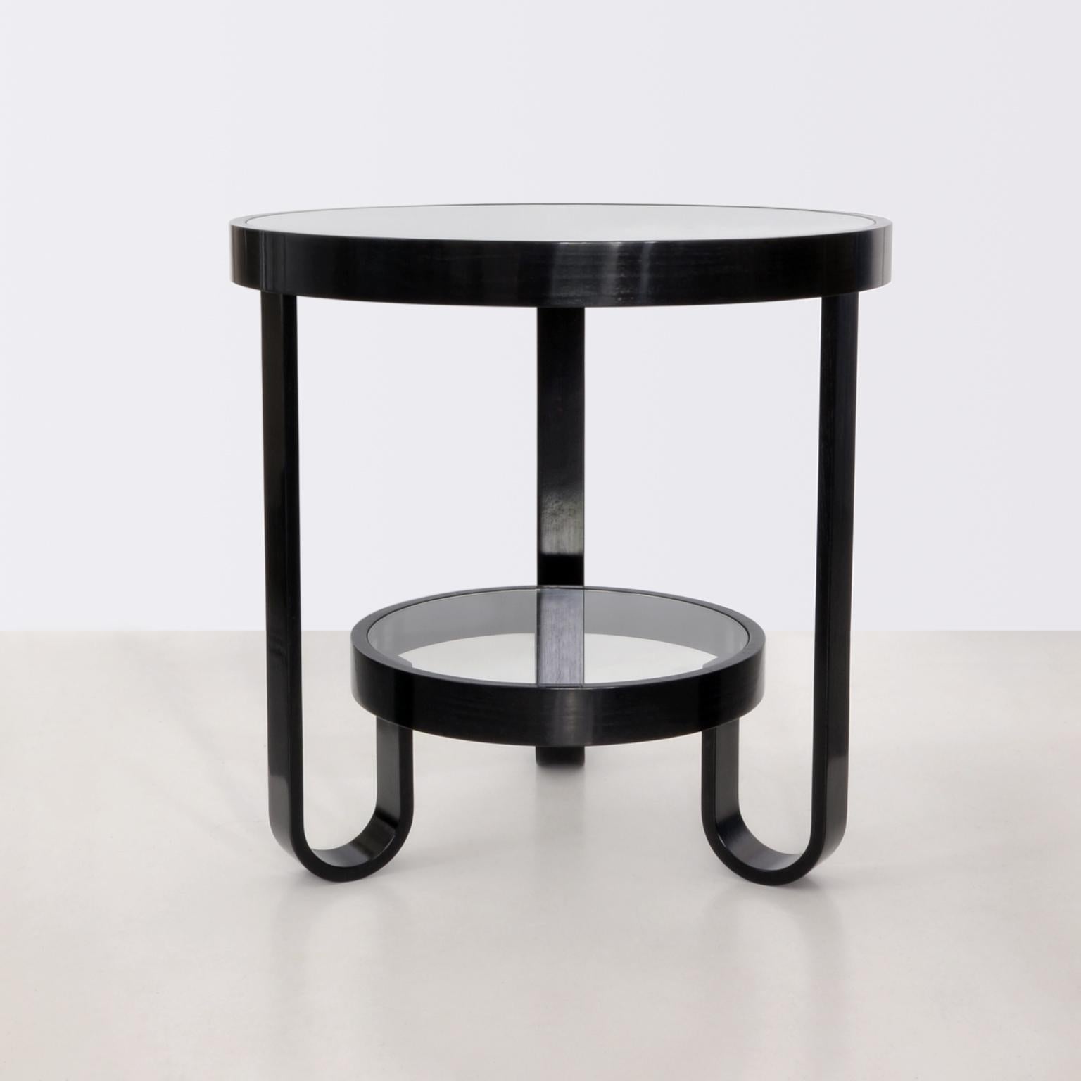 Sofá redondo modernista / mesa auxiliar de madera laminada y ebonizada con tapa de cristal, personalizable.