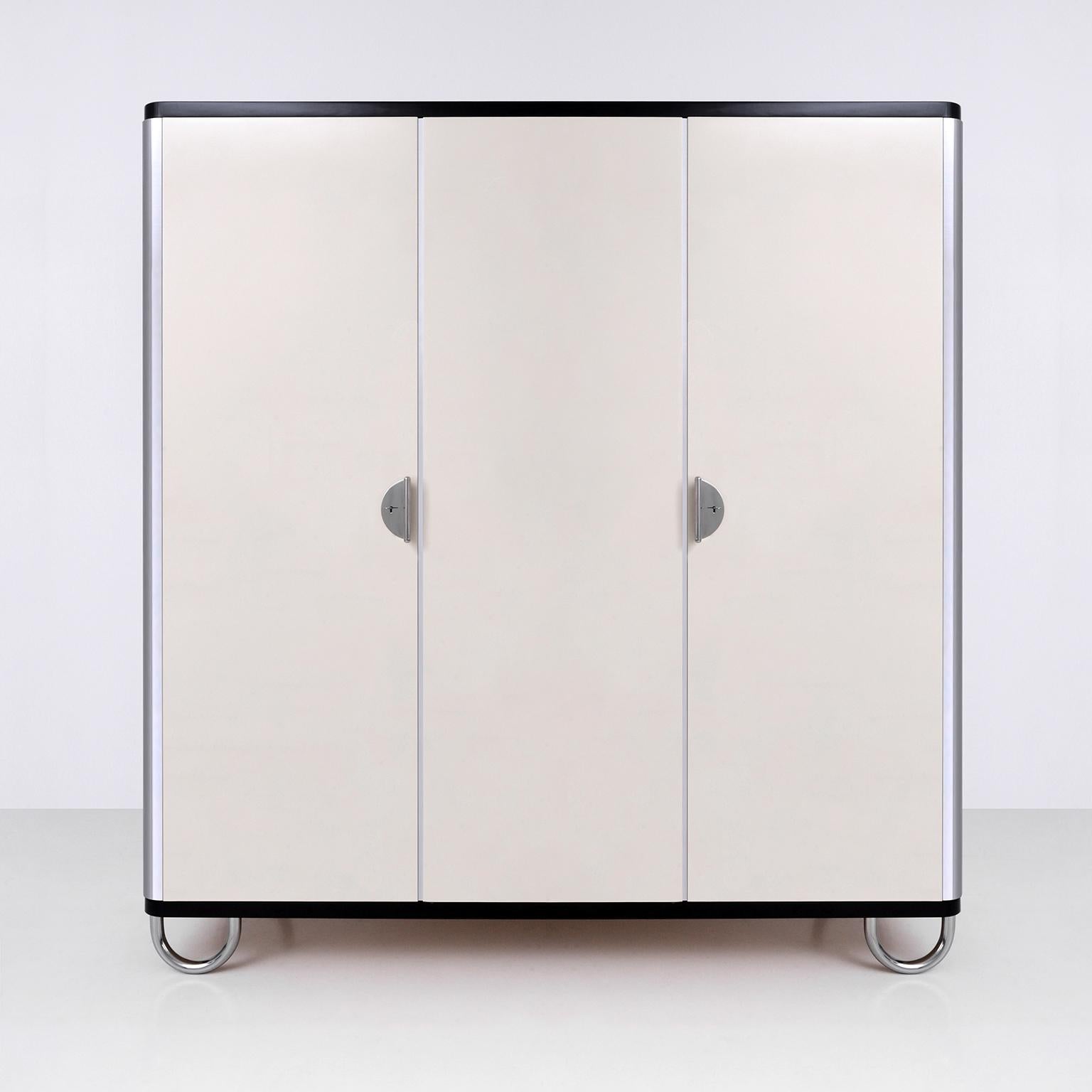 German Bespoke Modernist Three-Door Wardrobe, Chromium Finish, High-Gloss Lacquer For Sale