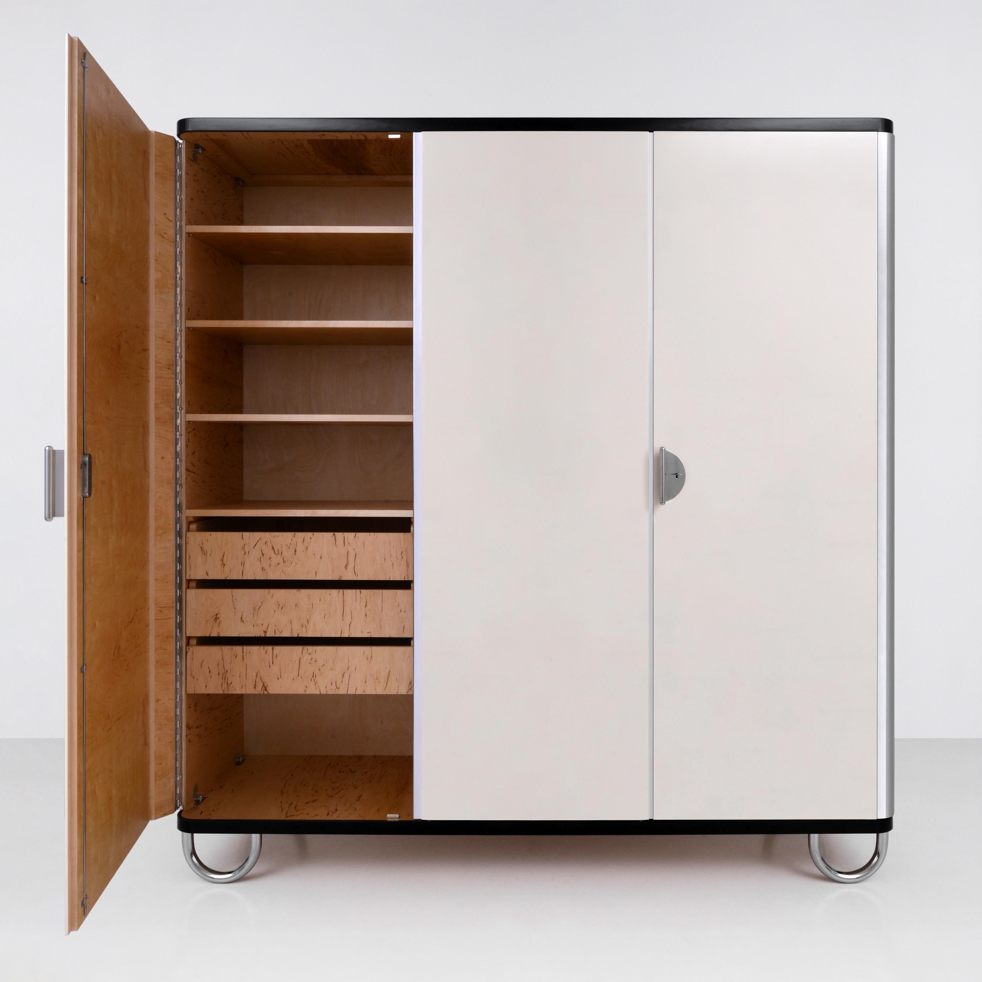 Plated Bespoke Modernist Three-Door Wardrobe, Chromium Finish, High-Gloss Lacquer For Sale