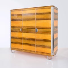 Bespoke Modernist Three-Door Wardrobe, Chromium Finish, Wood Veneer, High-Gloss