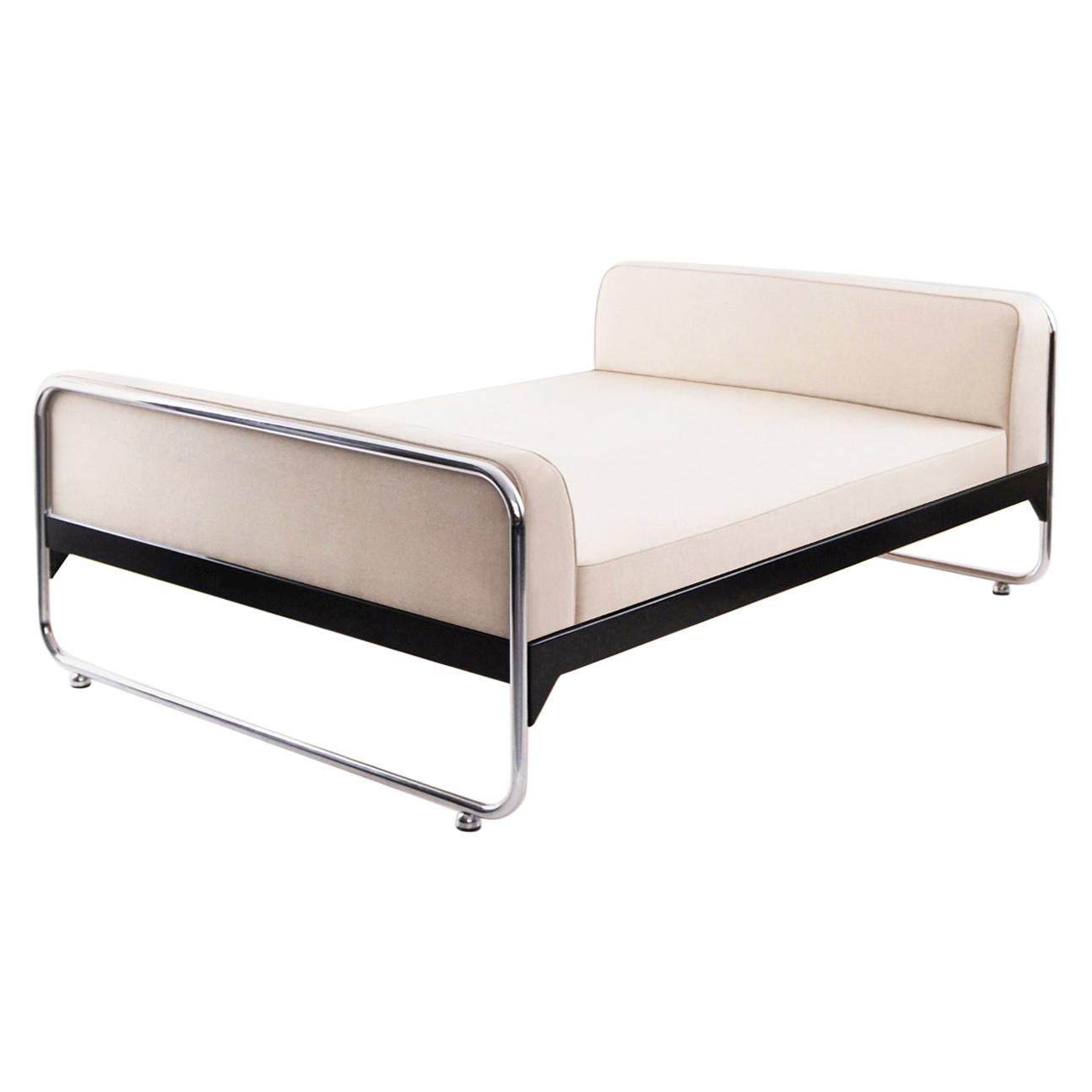 Bespoke Modernist Tubular Steel Bed, Lacquered Metal Frame, Fabric Upholstery For Sale