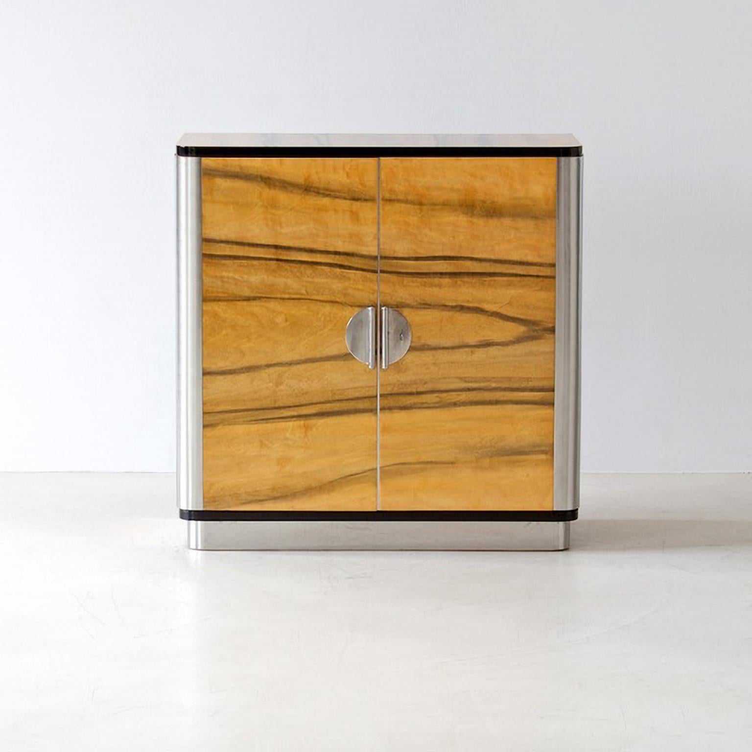 German Bespoke Modernist Two Door Sideboard in Veneered Wood and Chrome Plated Metal For Sale