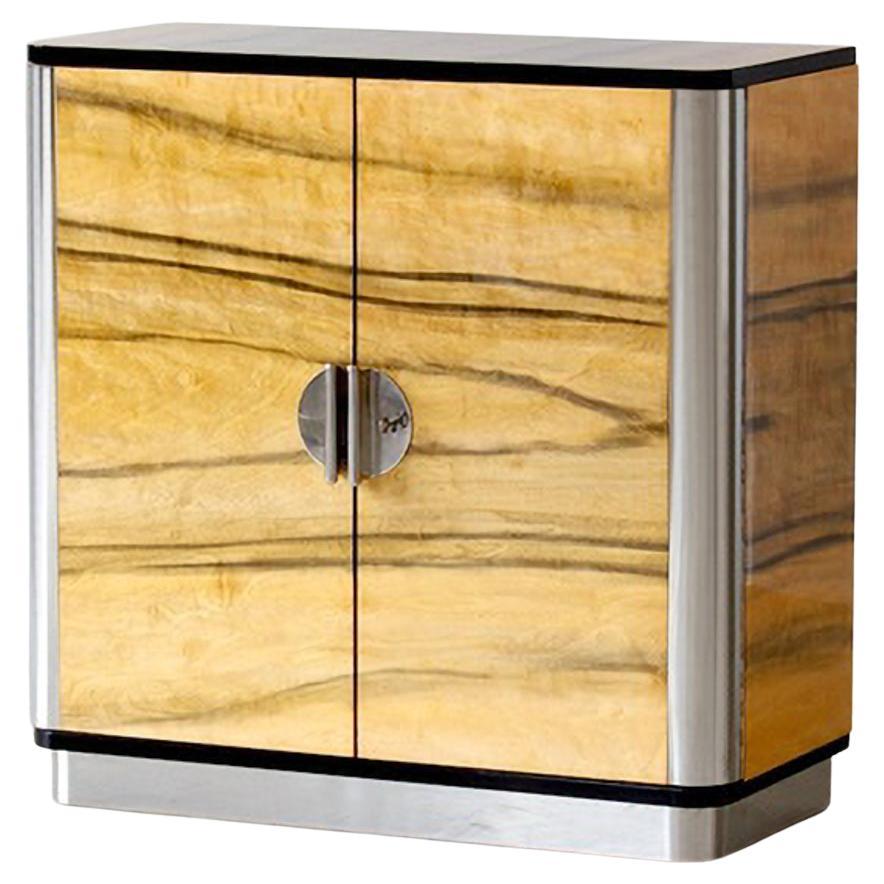 Bespoke Modernist Two Door Sideboard in Veneered Wood and Chrome Plated Metal For Sale