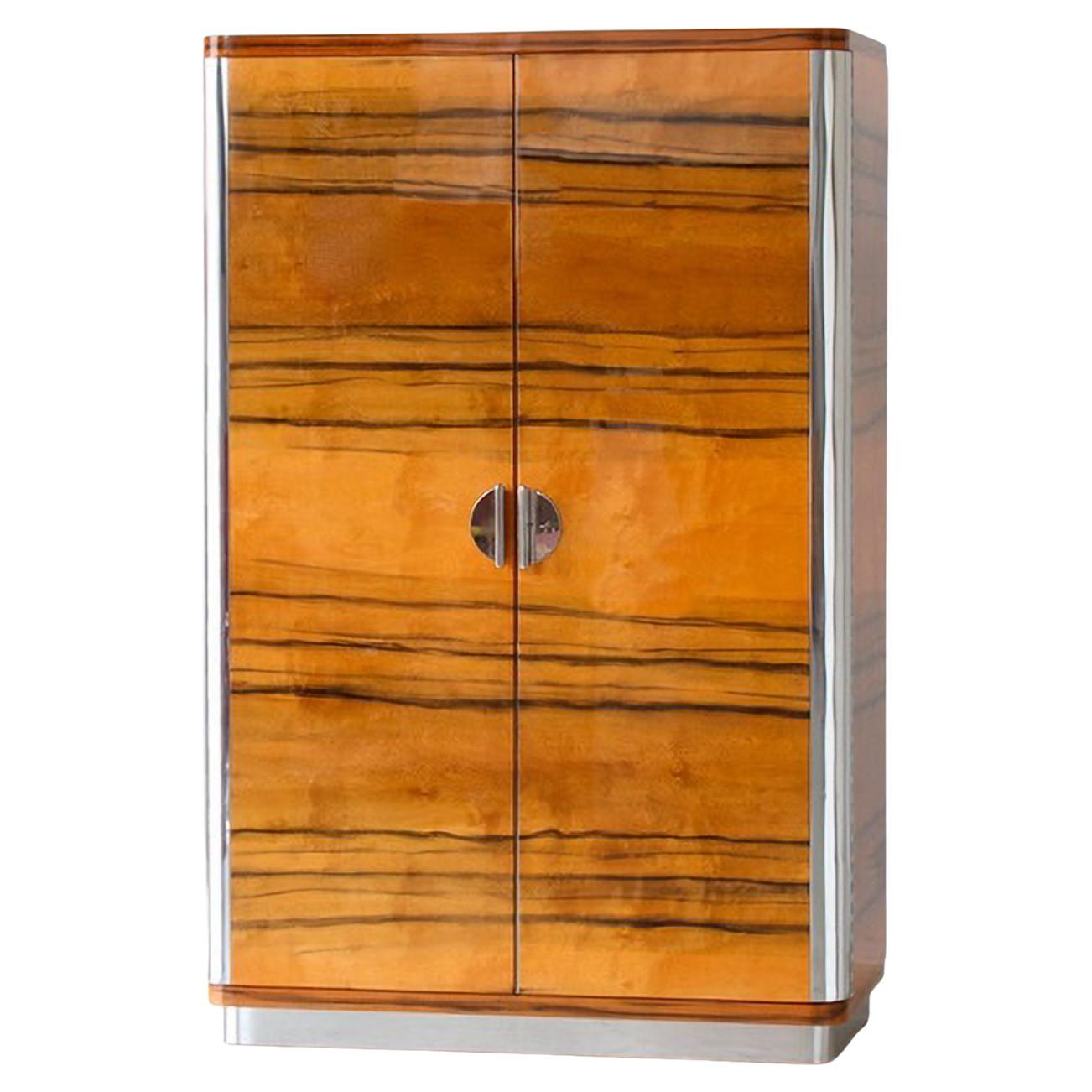 Bespoke Modernist Two-Door Wardrobe, Chromium Finish, Wood Veneer, High-Gloss