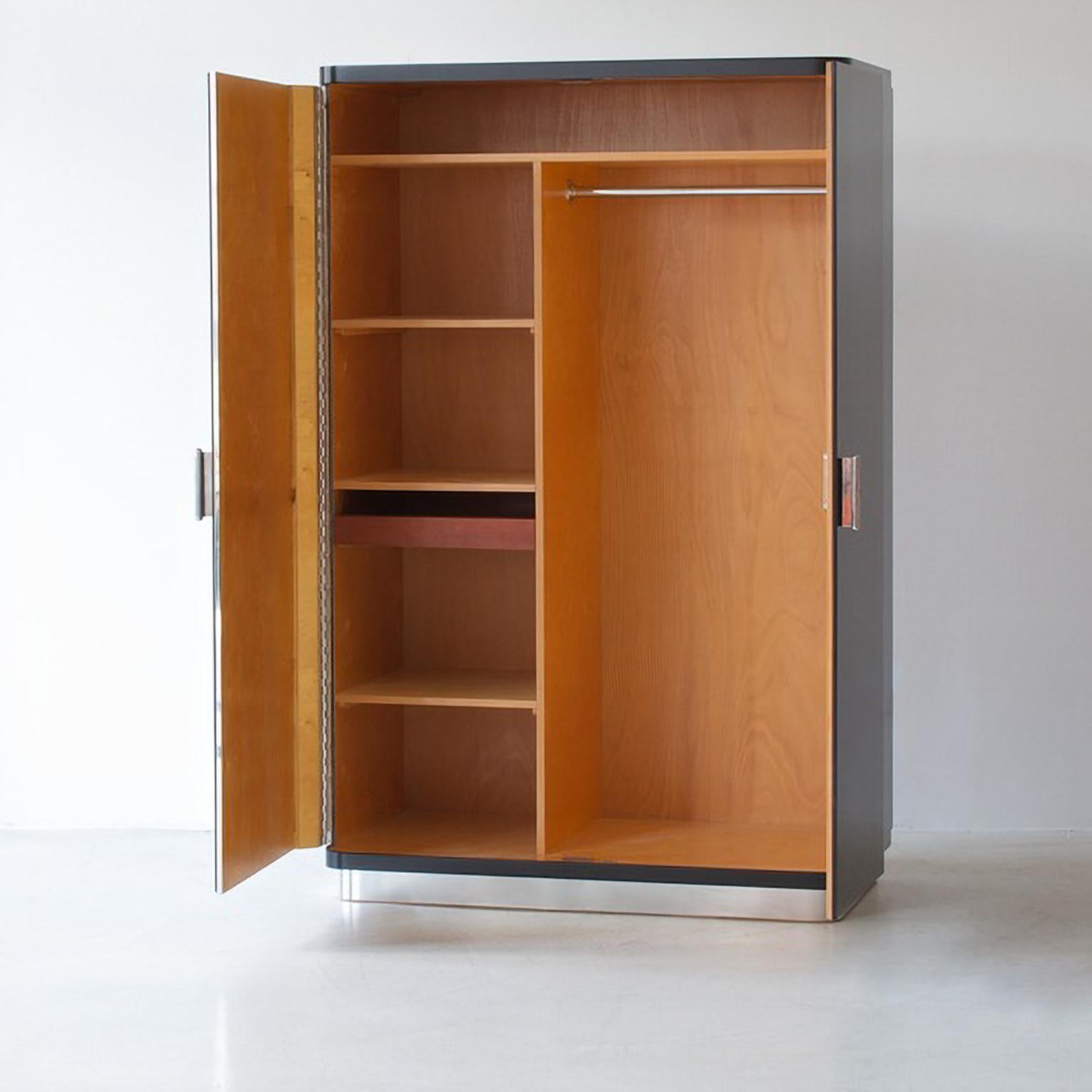 German Bespoke Modernist Two-Door Wardrobe, Chromium Plated Metall, Matt Lacquered Wood For Sale
