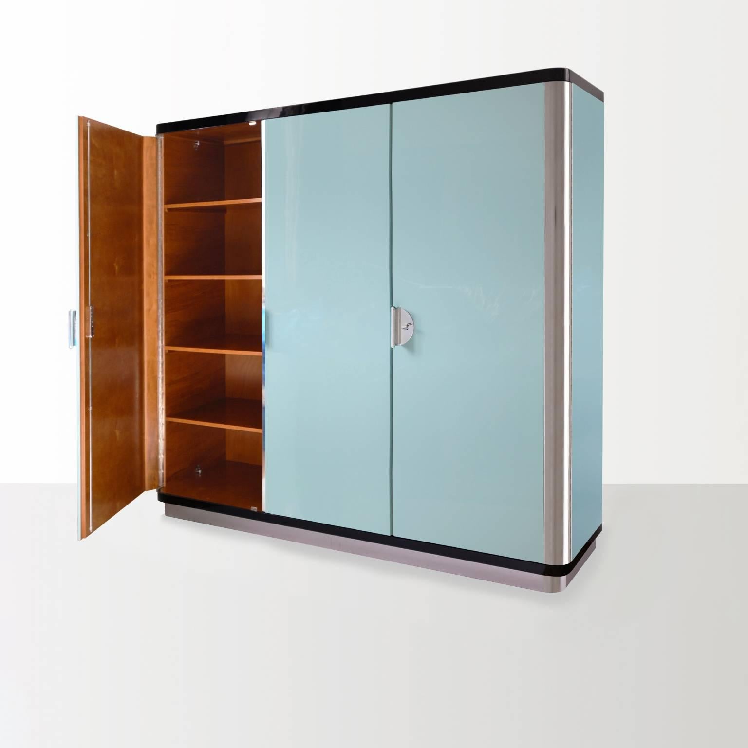 German Bespoke Modernist Wardrobe, High-Gloss Lacquered Wood, Chromium-Plated Steel For Sale