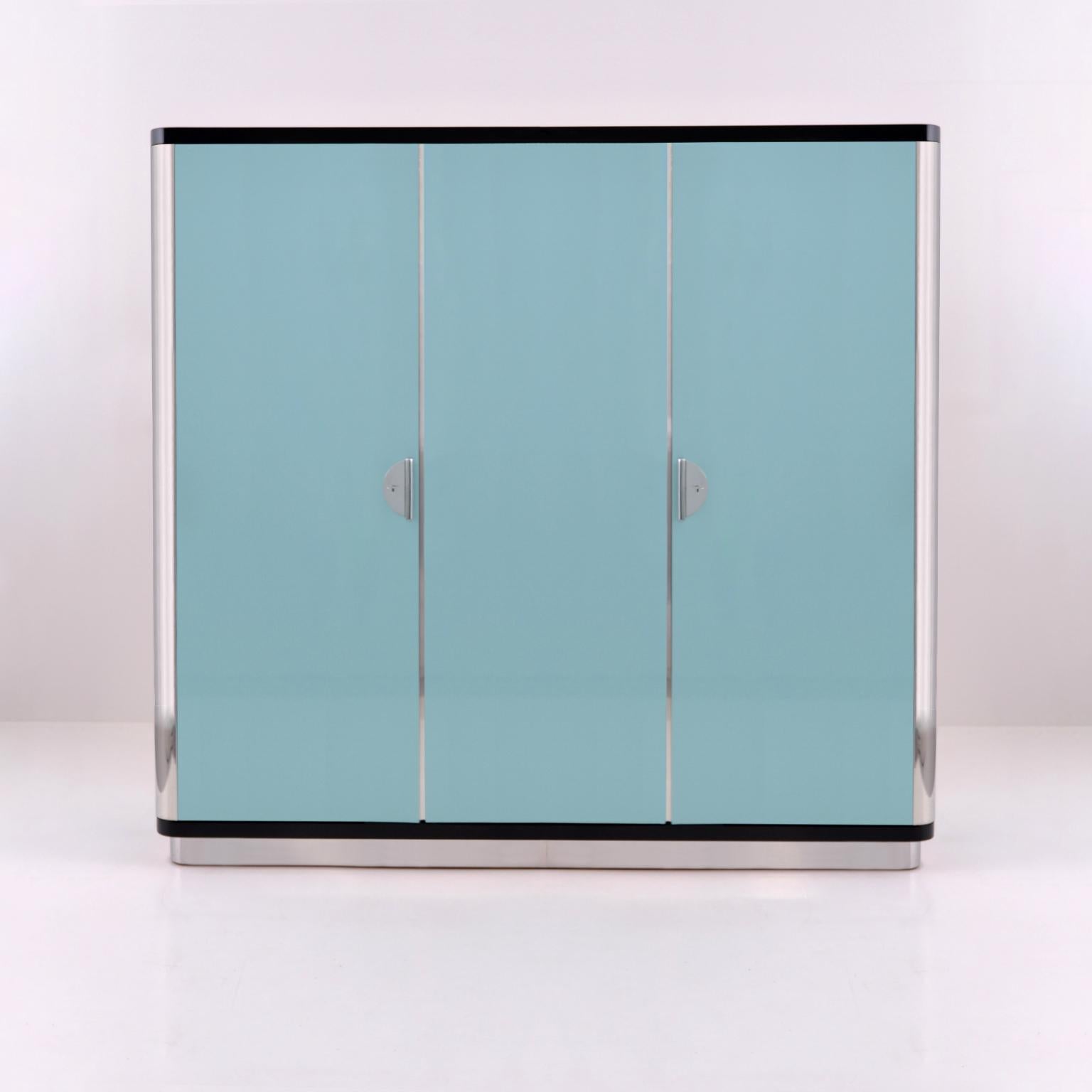 Contemporary Bespoke Modernist Wardrobe, High-Gloss Lacquered Wood, Chromium-Plated Steel For Sale