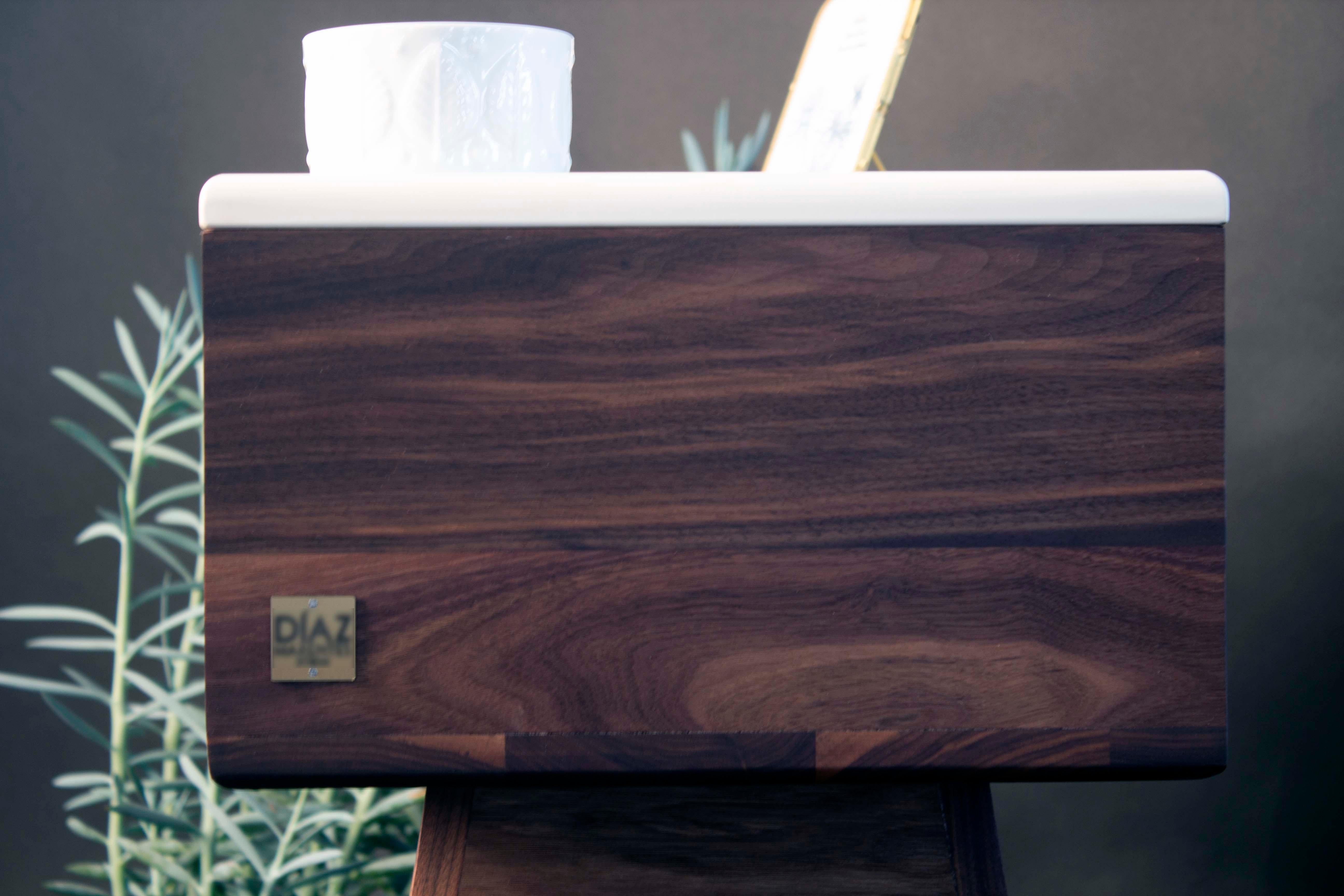 Bespoke Nightstand in Walnut & White Porcelain – Mid-Century Inspired, Timeless For Sale 2