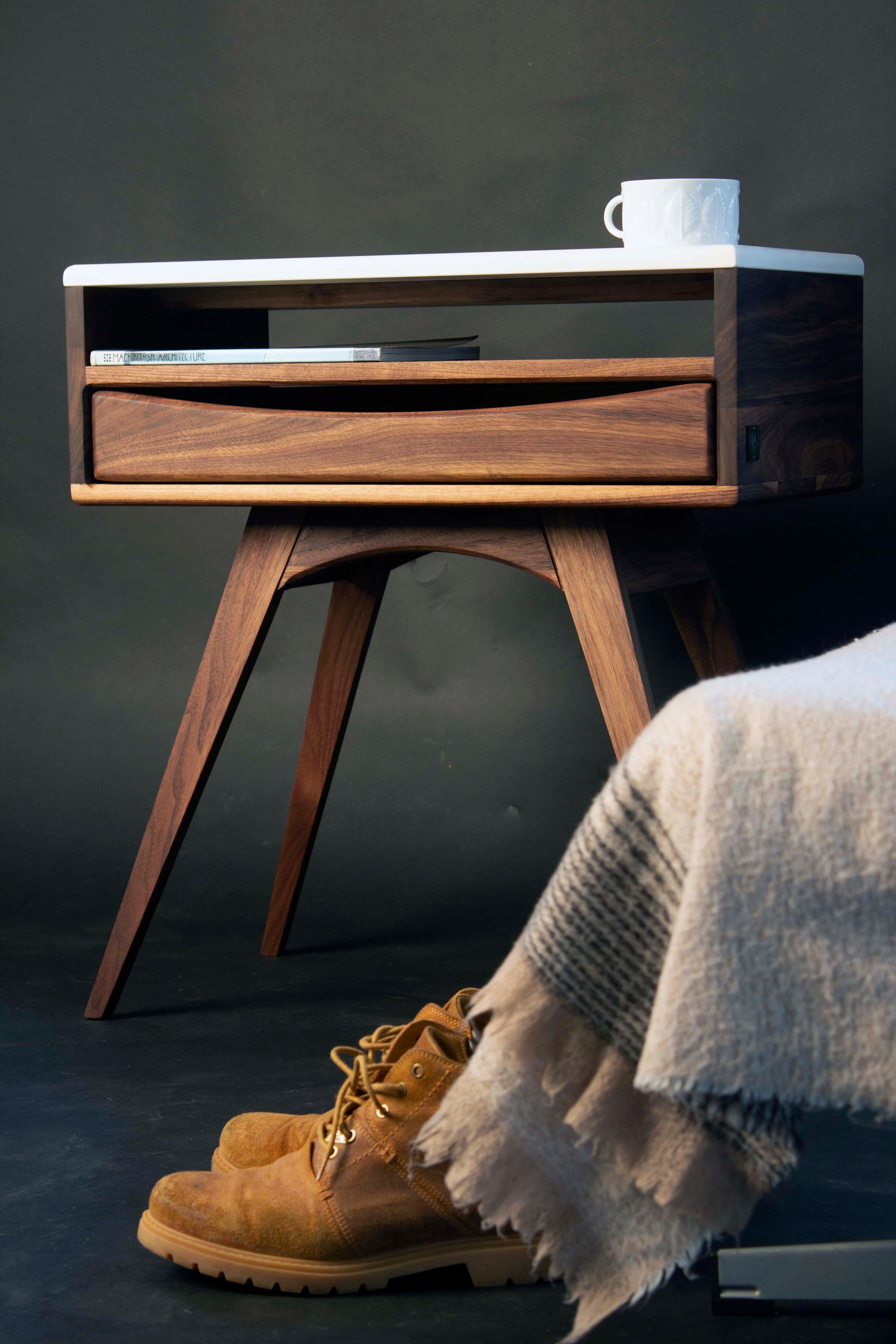 Bespoke Nightstand in Walnut & White Porcelain – Mid-Century Inspired, Timeless For Sale 3