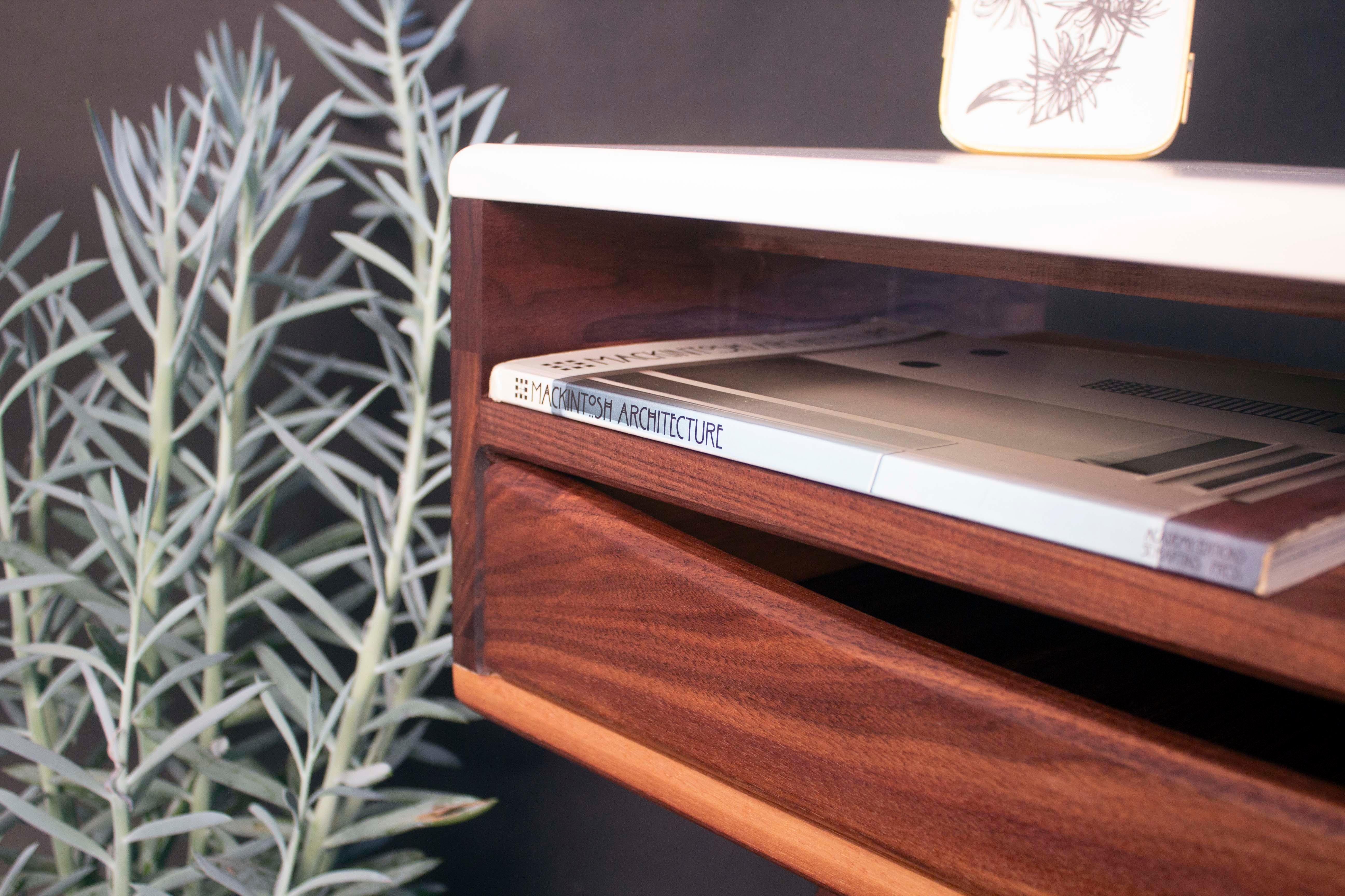 Marble Bespoke Nightstand in Walnut & White Porcelain – Mid-Century Inspired, Timeless For Sale