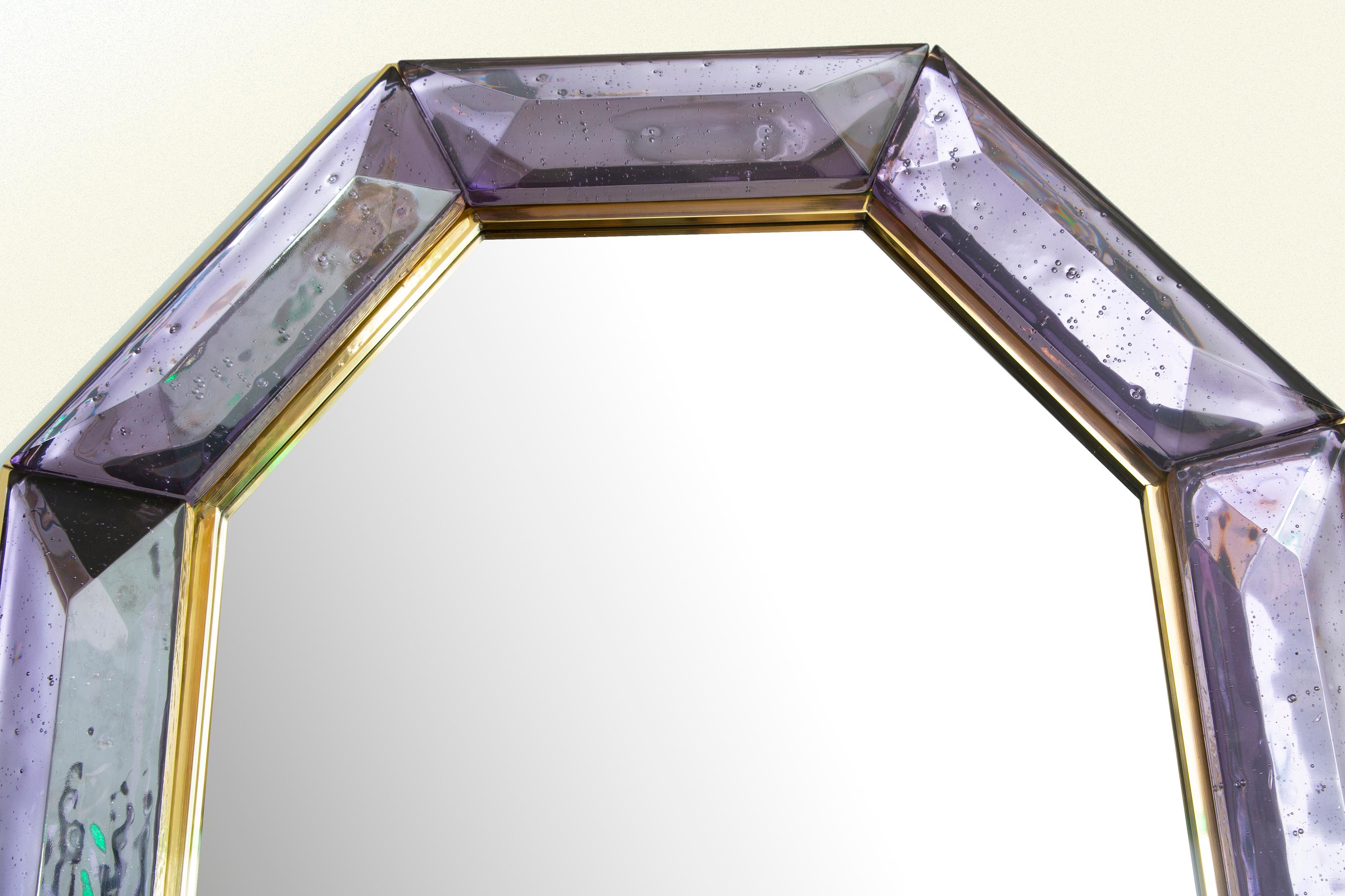 Brass Bespoke Octagon Lavender Amethyst Murano Glass Mirror, in Stock