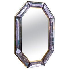 Amethyst Octagonal Faceted Murano Glass and Brass Wall Mirrors, Italy