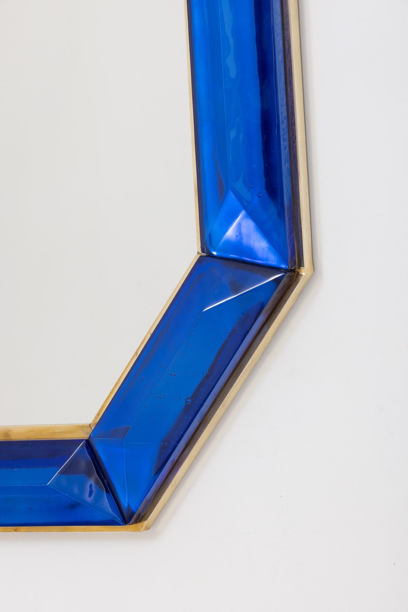 Brass Bespoke Octagon Cobalt Blue Murano Glass Mirror, in Stock For Sale