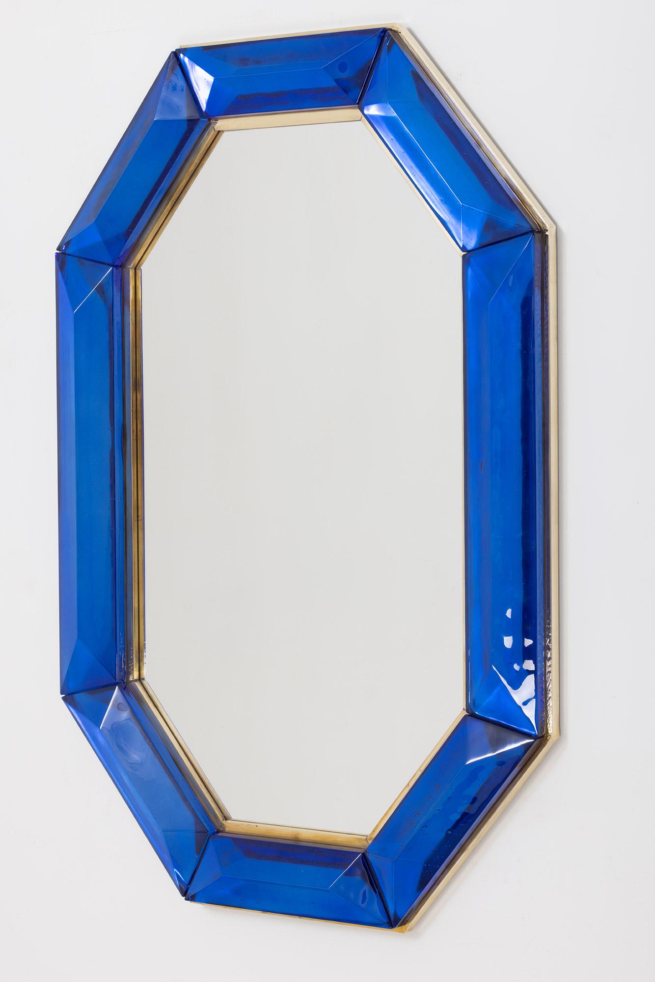 Contemporary Bespoke Octagon Cobalt Blue Murano Glass Mirror, in Stock For Sale