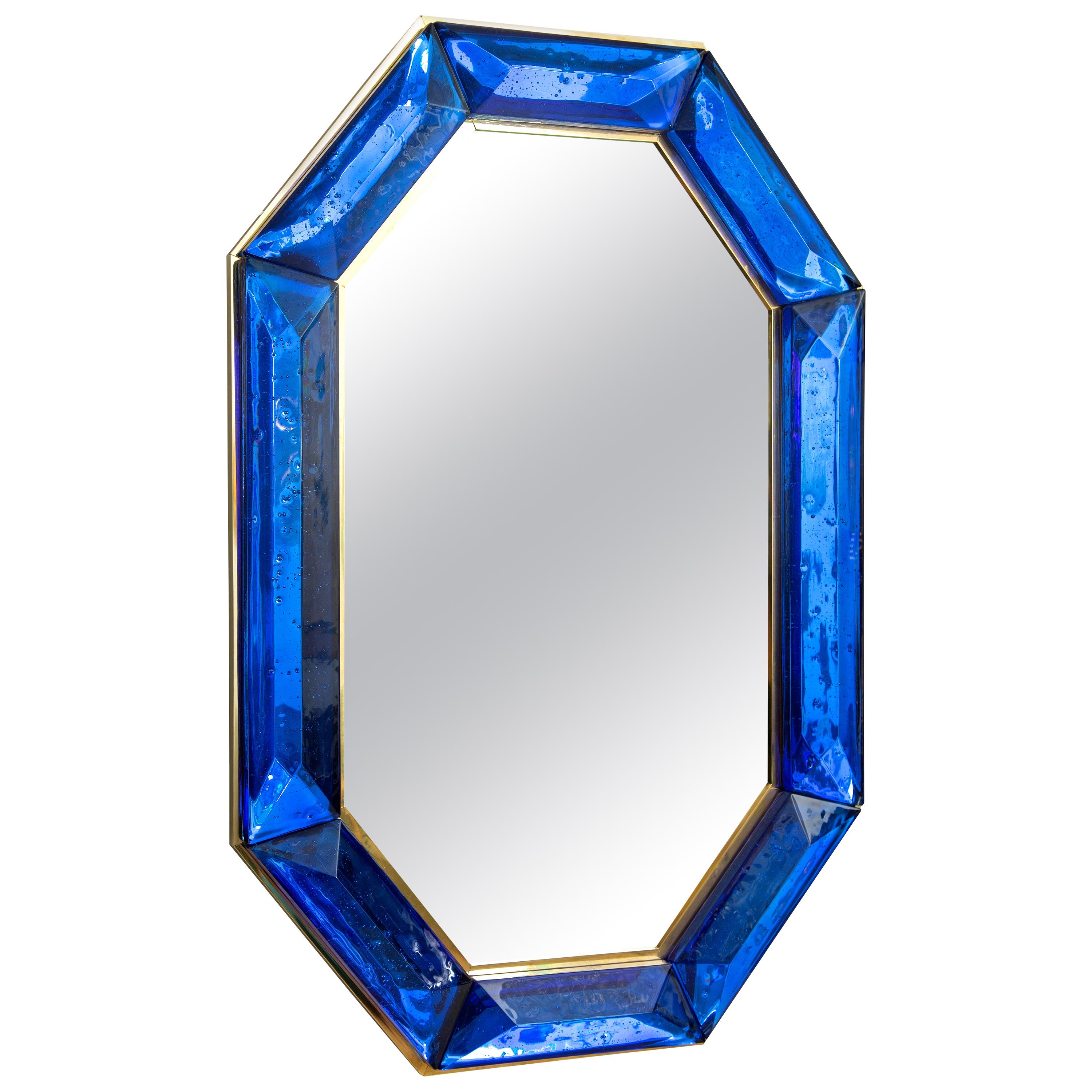 Miroir octogonal en verre de Murano bleu cobalt sur mesure, disponible en stock en vente