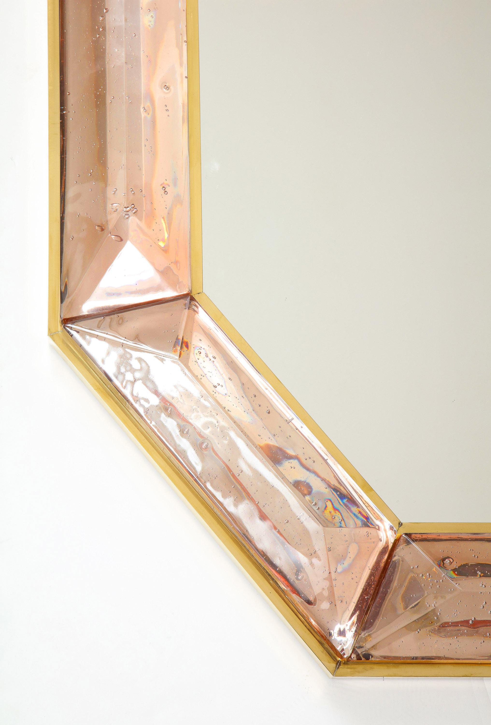Mid-Century Modern Bespoke Octagonal Pink Murano Glass and Brass Mirror, in Stock For Sale