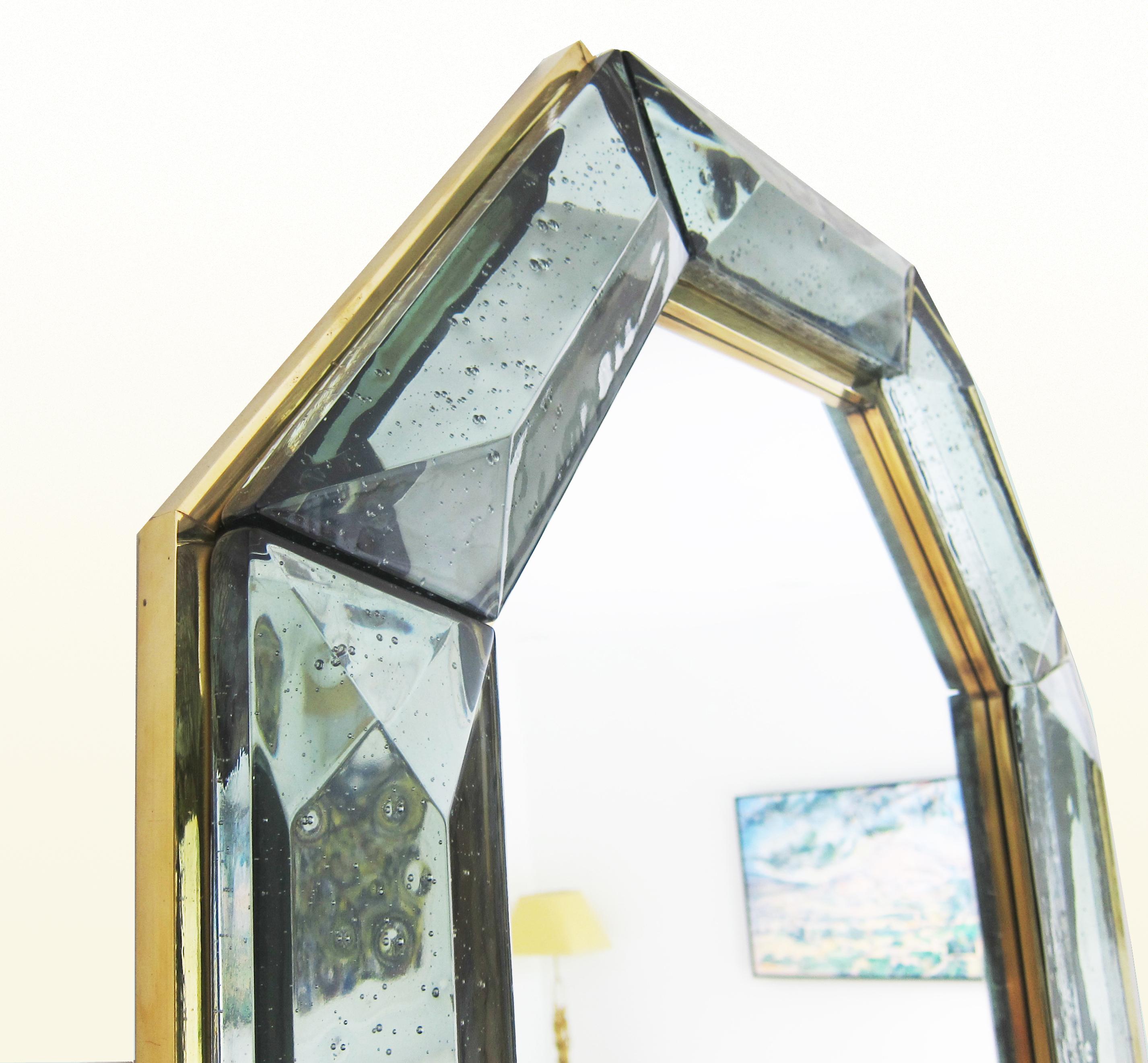 Italian Bespoke Octagon Sea Green Murano Glass Mirror, in Stock For Sale