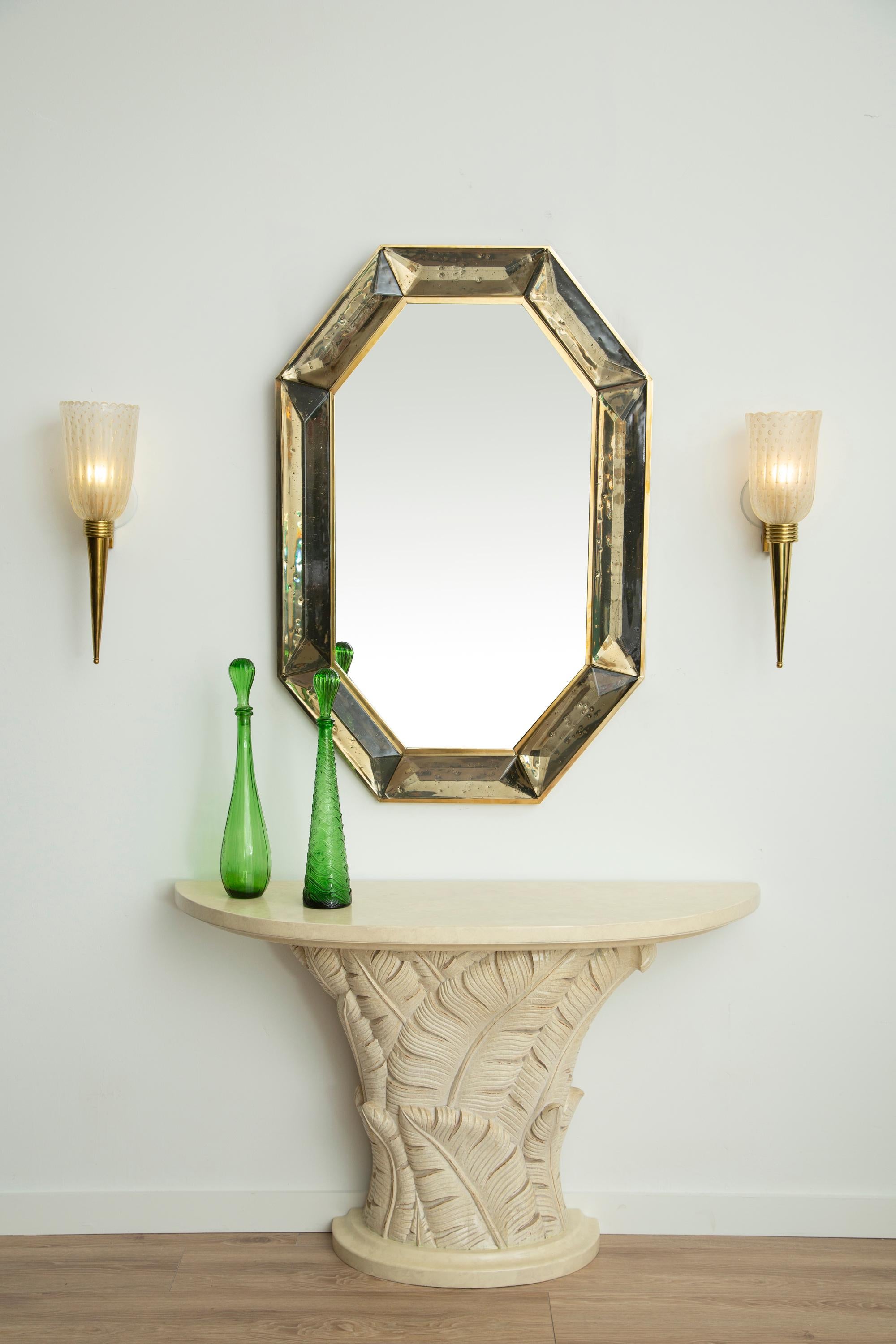 Brass Bespoke Octagon Smoked Murano Glass Mirror, in Stock For Sale