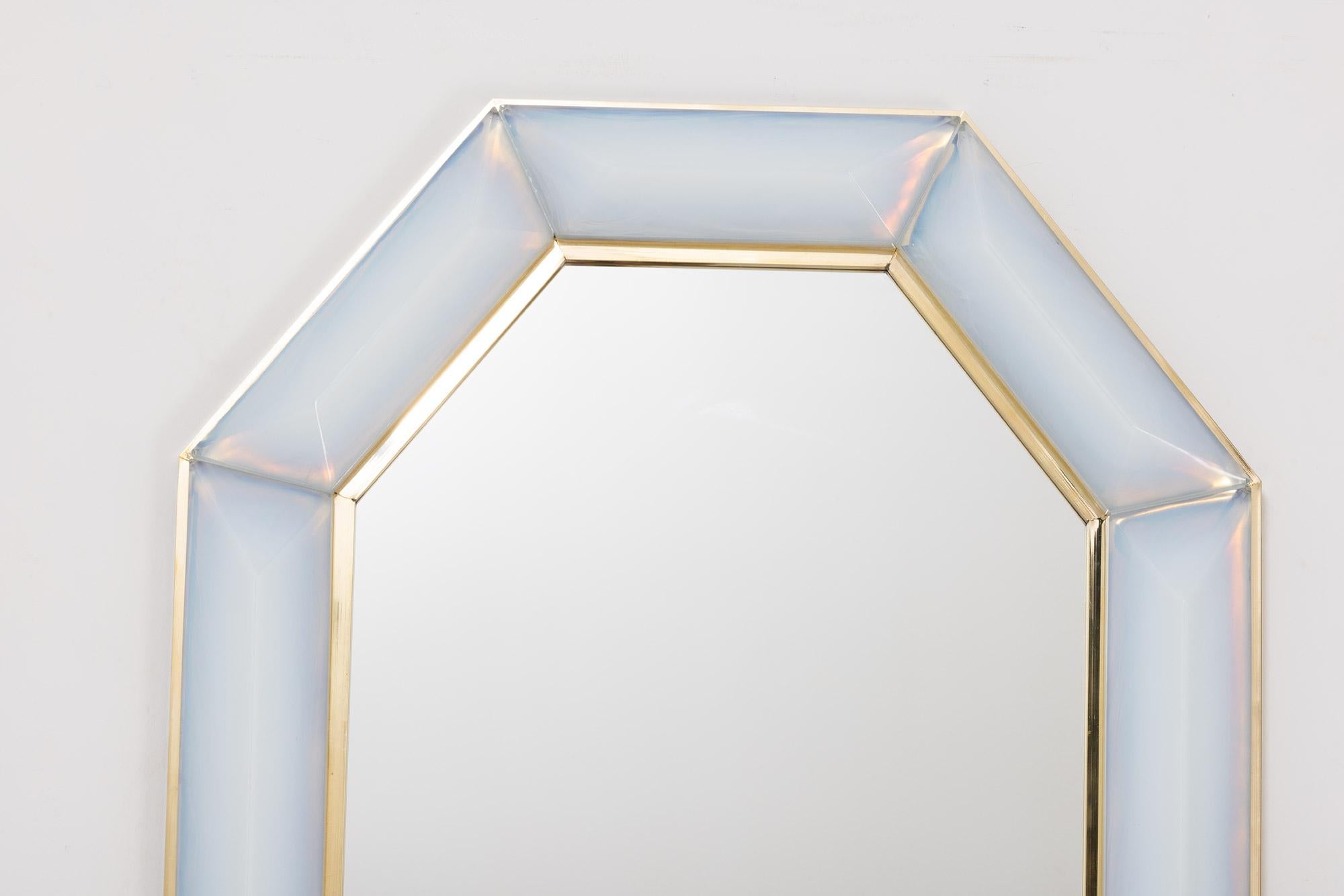 Mid-Century Modern Bespoke Octagonal Iridescent Opaline Murano Glass Mirror, in Stock For Sale
