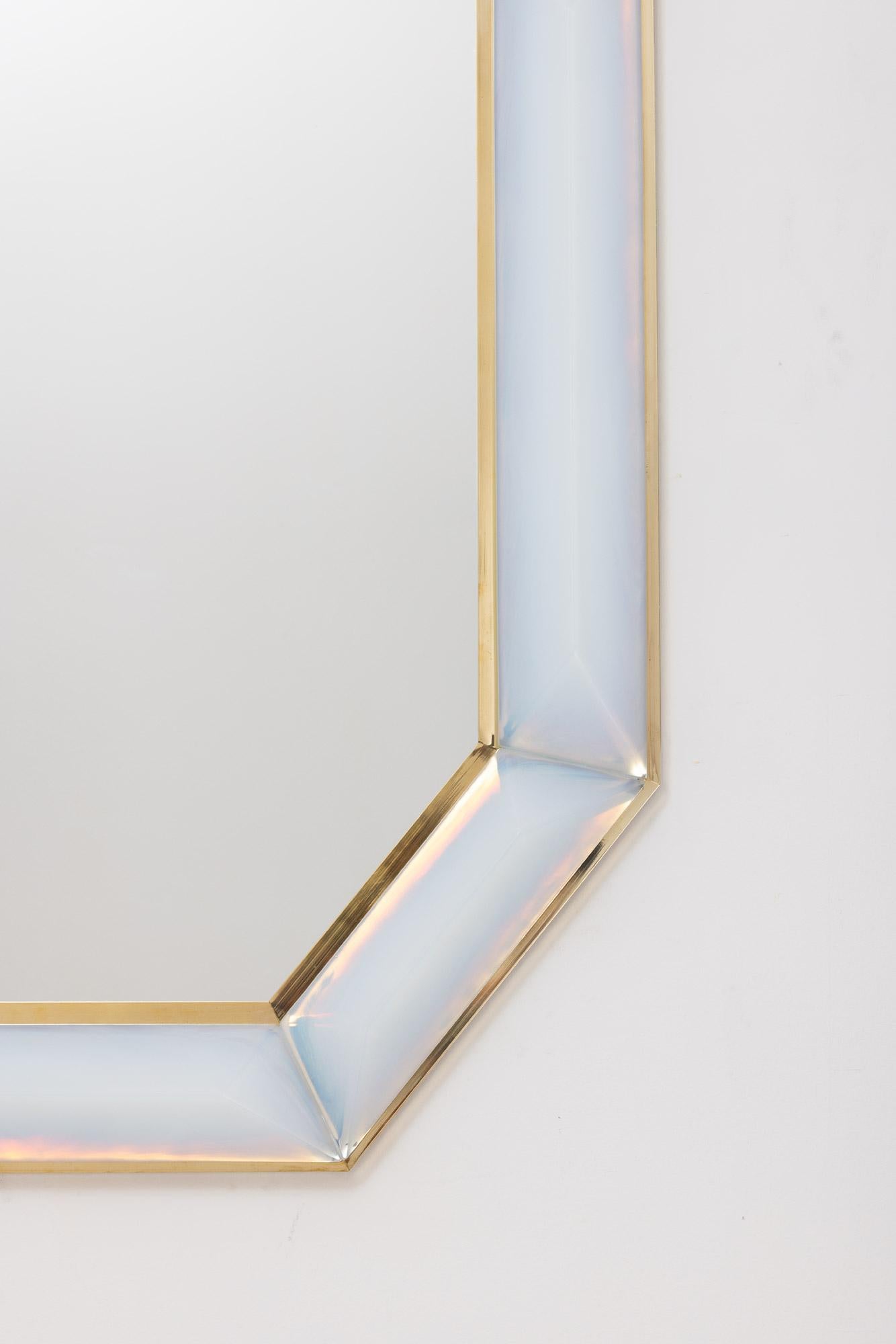 Italian Bespoke Octagonal Iridescent Opaline Murano Glass Mirror, in Stock For Sale