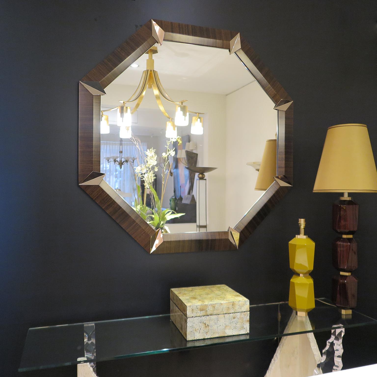 American Bespoke Octagonal Mirror in Dark Eucalyptus and Smoked Brass For Sale