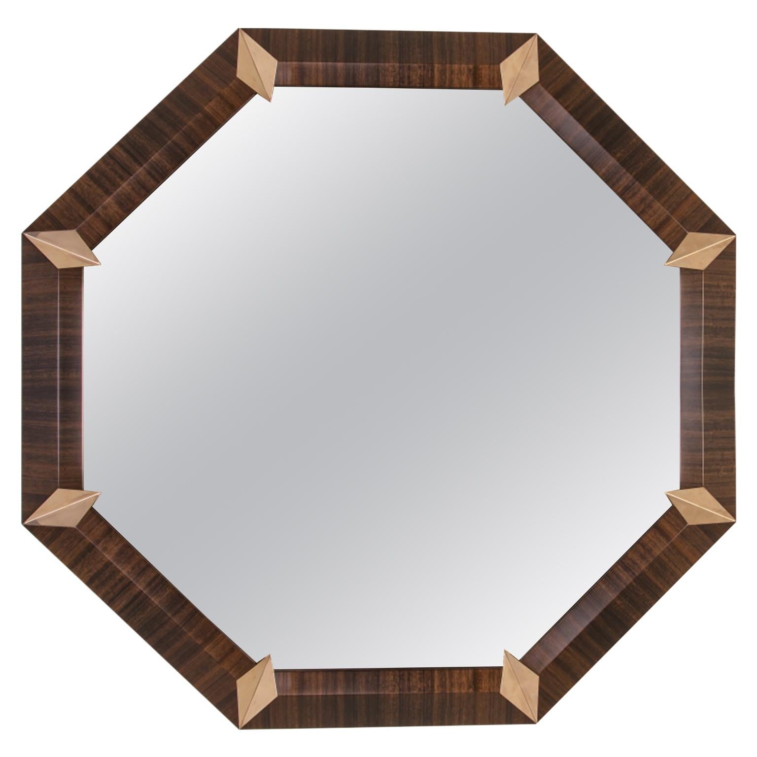 Bespoke Octagonal Mirror in Dark Eucalyptus and Smoked Brass For Sale