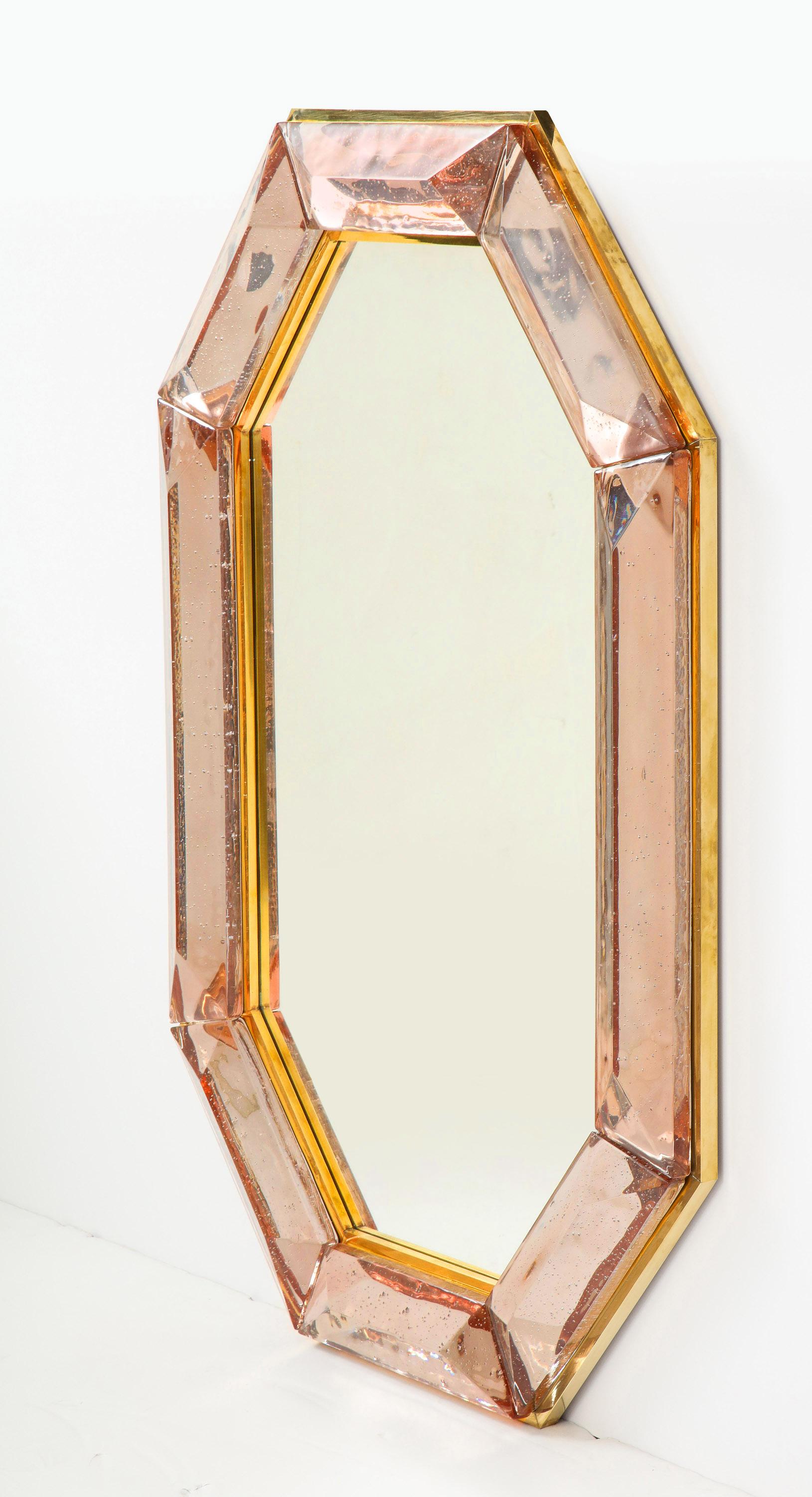 Contemporary Bespoke Octagonal Pink Murano Glass and Brass Mirror, in Stock For Sale