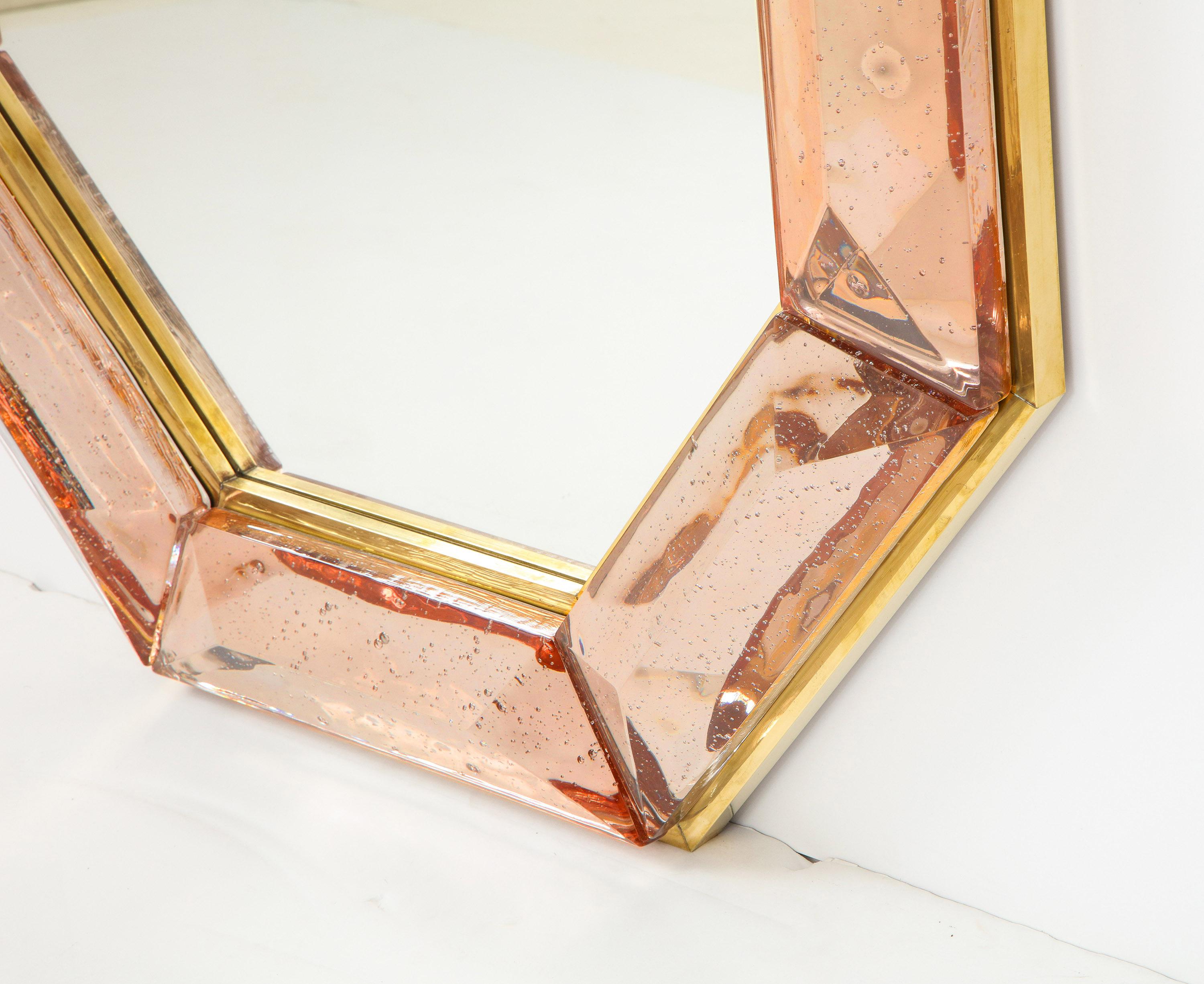 Bespoke Octagonal Pink Murano Glass and Brass Mirror, in Stock For Sale 1