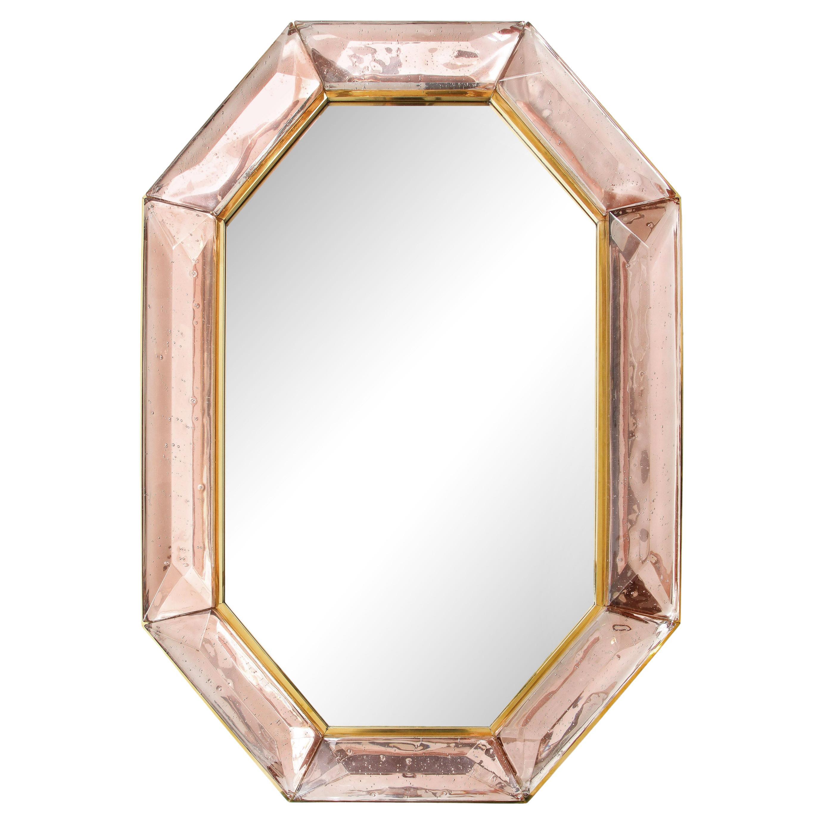 Bespoke Octagonal Pink Murano Glass and Brass Mirror, in Stock For Sale