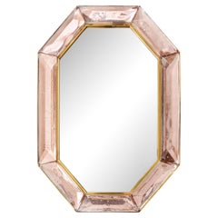 Vintage Bespoke Octagonal Pink Murano Glass and Brass Mirror, in Stock