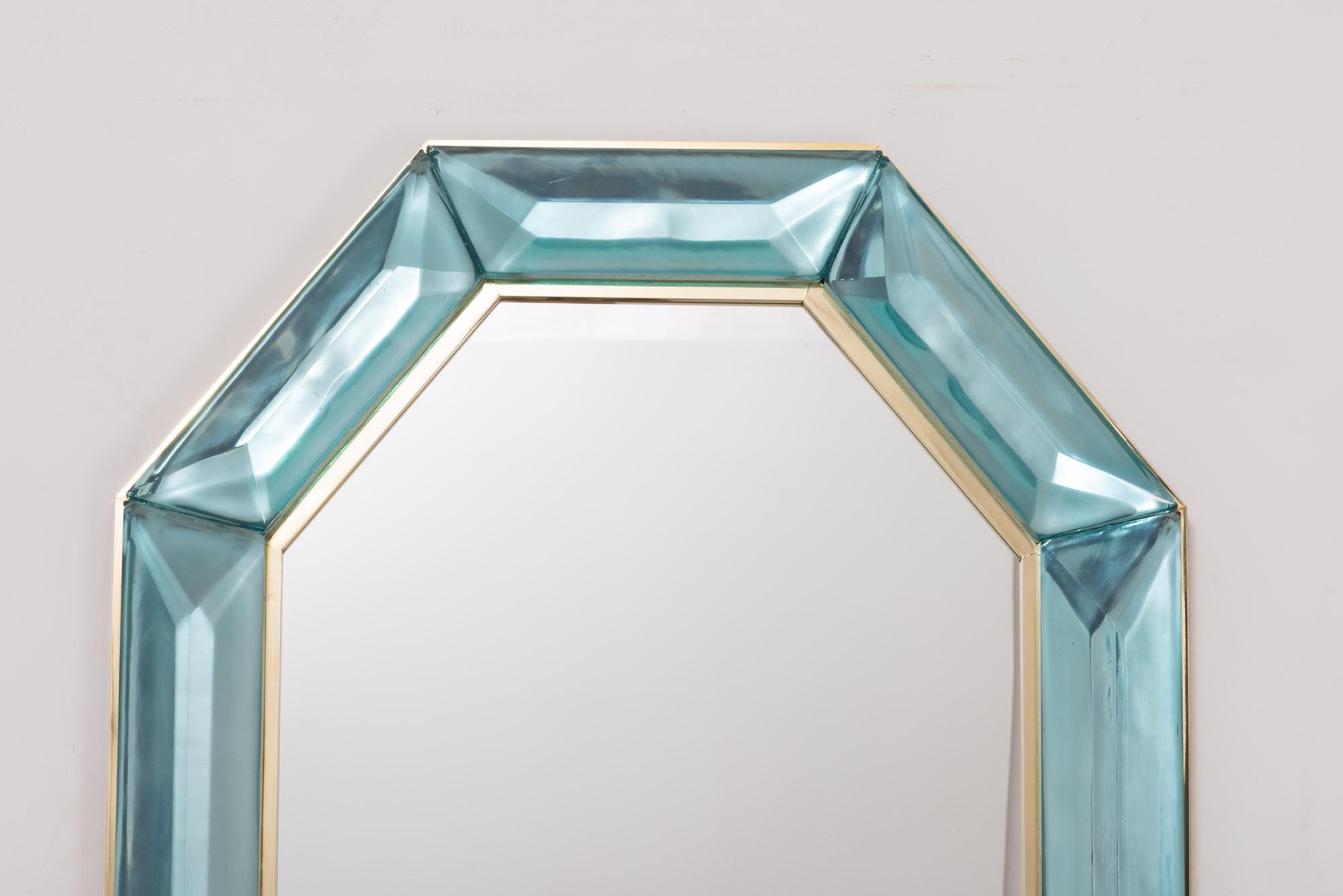 Mid-Century Modern Bespoke Octagonal Tiffany Blue Murano Glass and Brass Mirror, in Stock For Sale
