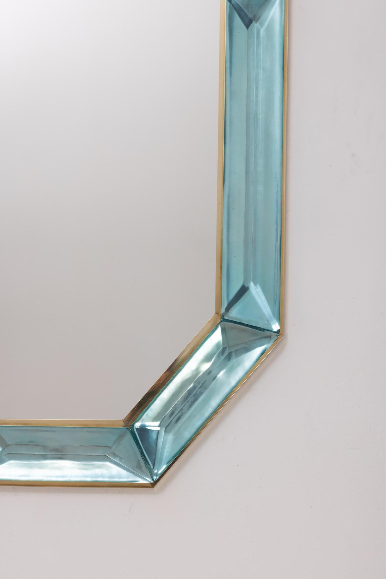 Italian Bespoke Octagonal Tiffany Blue Murano Glass and Brass Mirror, in Stock For Sale