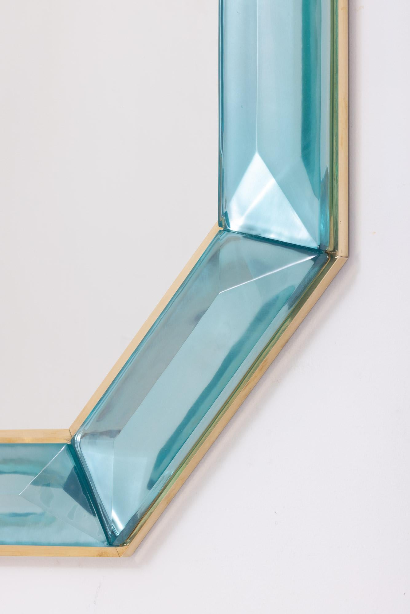 Contemporary Bespoke Octagonal Tiffany Blue Murano Glass and Brass Mirror, in Stock For Sale