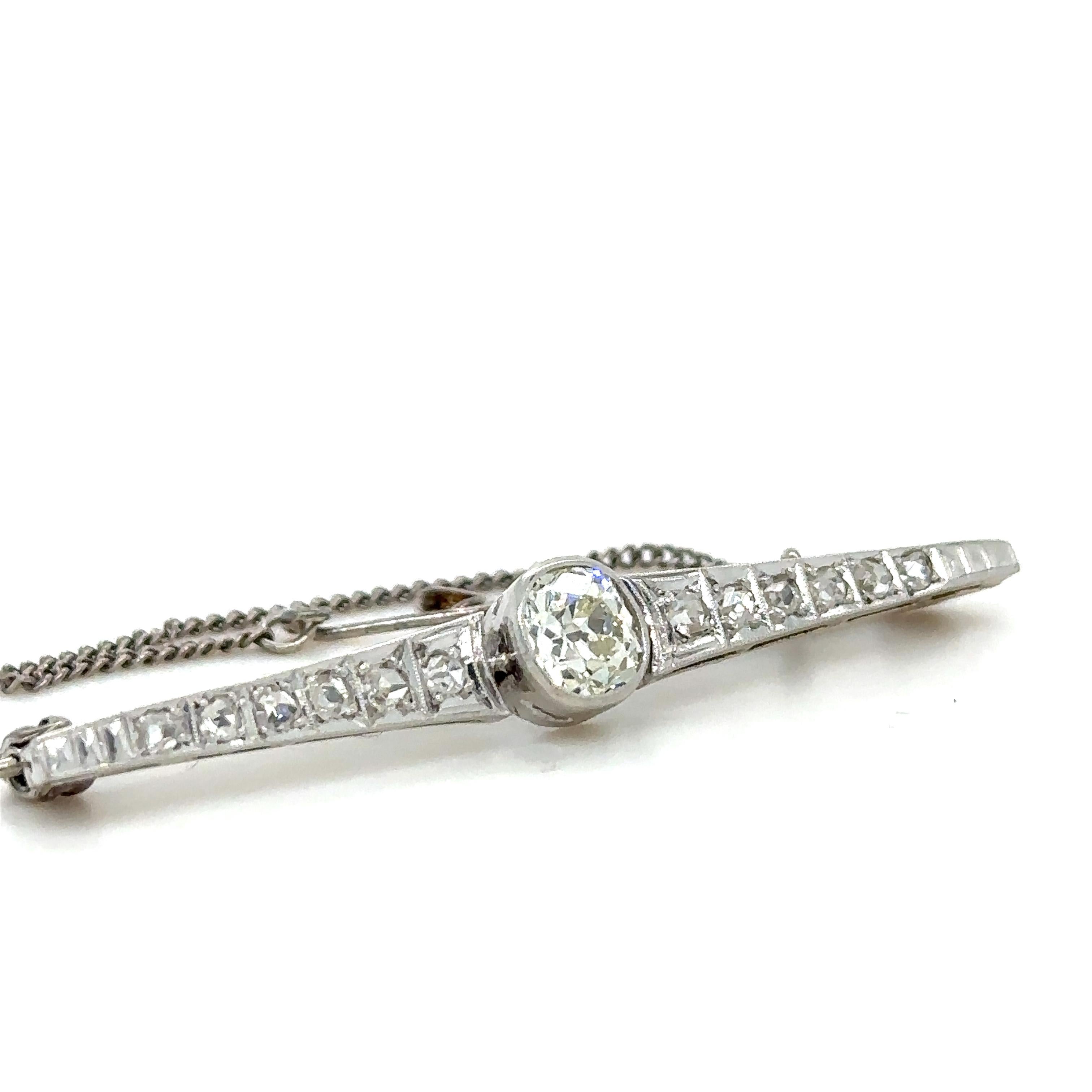 An Old Cut Diamond Bar Brooch, bezel set in platinum on 18ct white gold with 12 rose cut diamonds along the bar. Centre diamond 0.95ct (estimated), Graded in setting as Colour: J, Clarity: VS2

Rose cut diamonds 1.7mm

Circa 1920

Metal: Platinum &