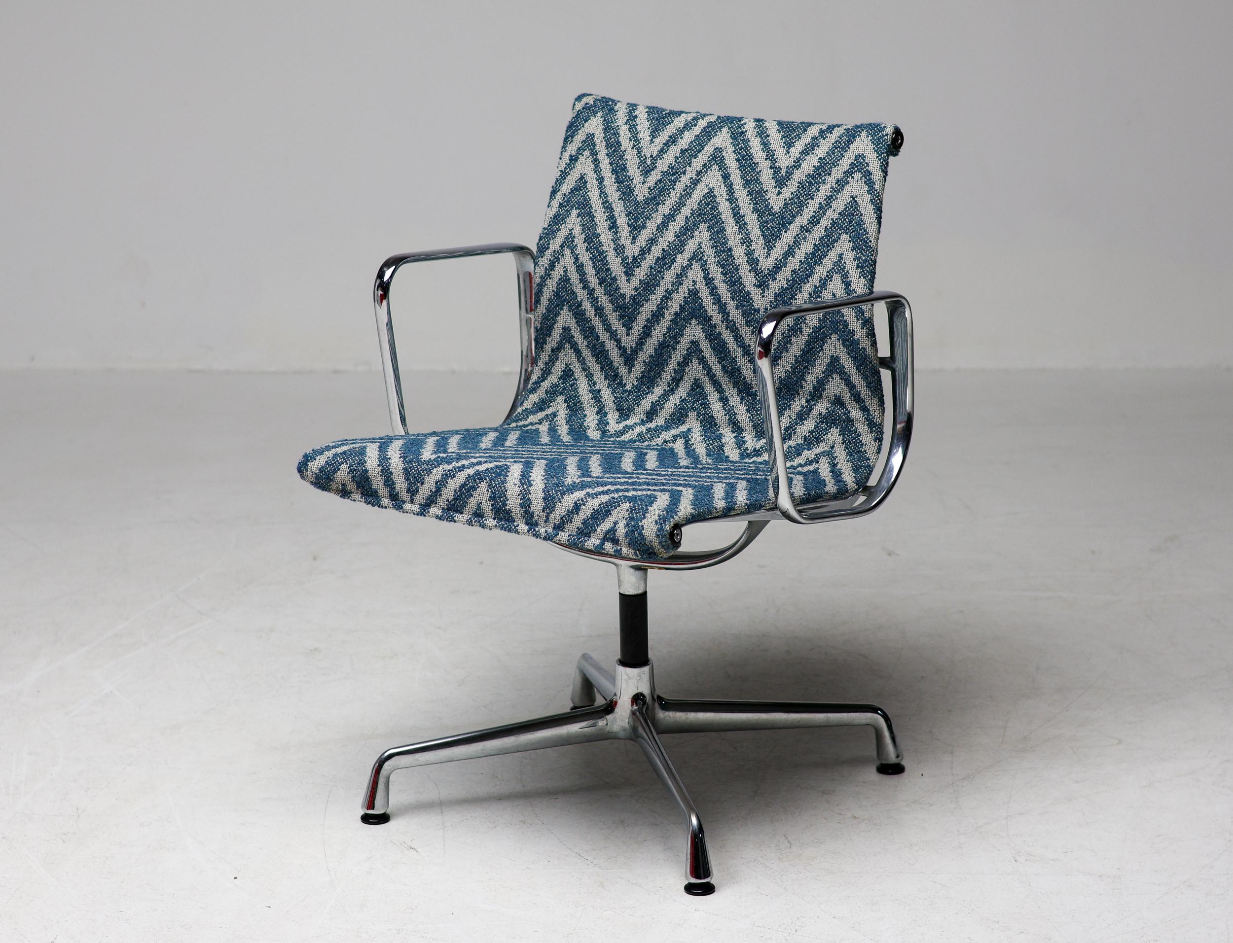 This Charles & Ray Eames EA108 chair by Vitra was reupholstered in a very exclusive bespoke zigzag fabric for a client that had circa 80 of these chairs and needed an example to make a choice between reupholstering their existing chairs or trade