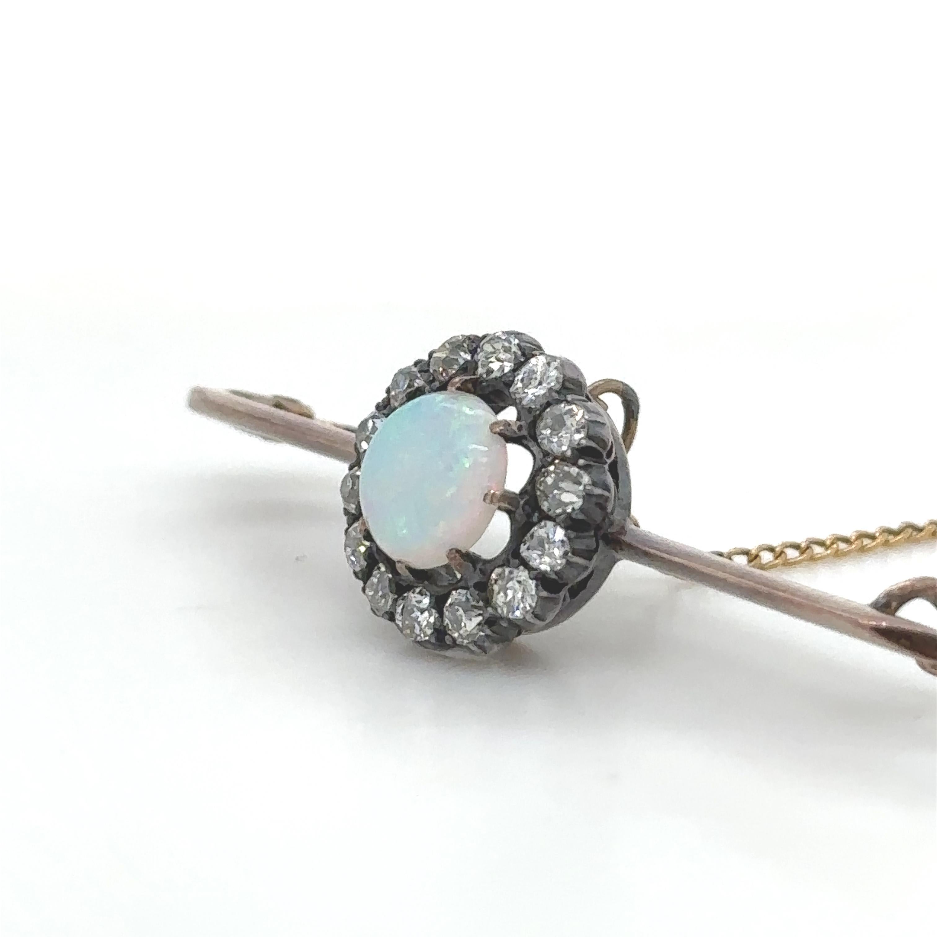 Round Cut Bespoke Opal And Diamond Round Cluster Bar Brooch 1.84ct For Sale