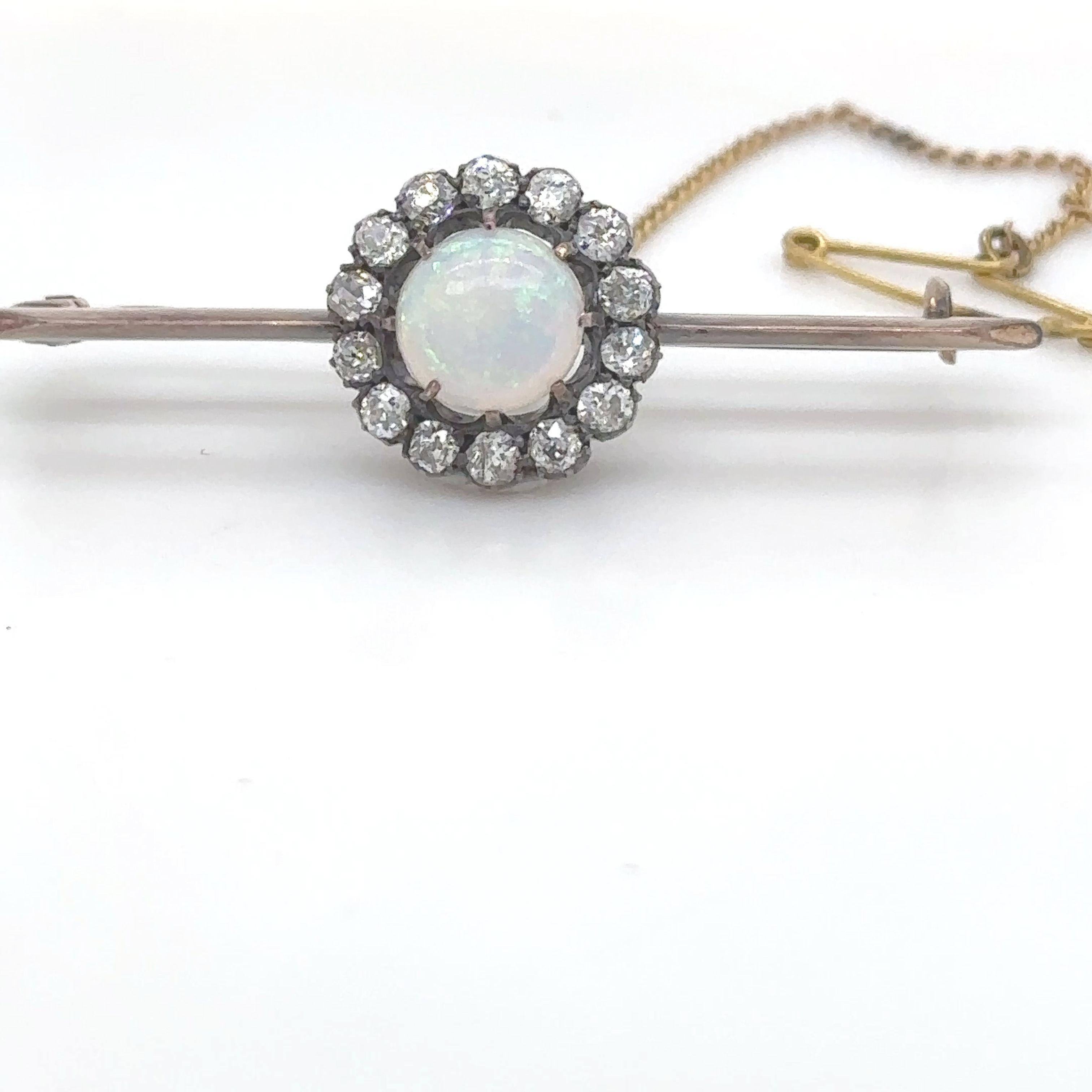 Bespoke Opal And Diamond Round Cluster Bar Brooch 1.84ct In Excellent Condition For Sale In SYDNEY, NSW
