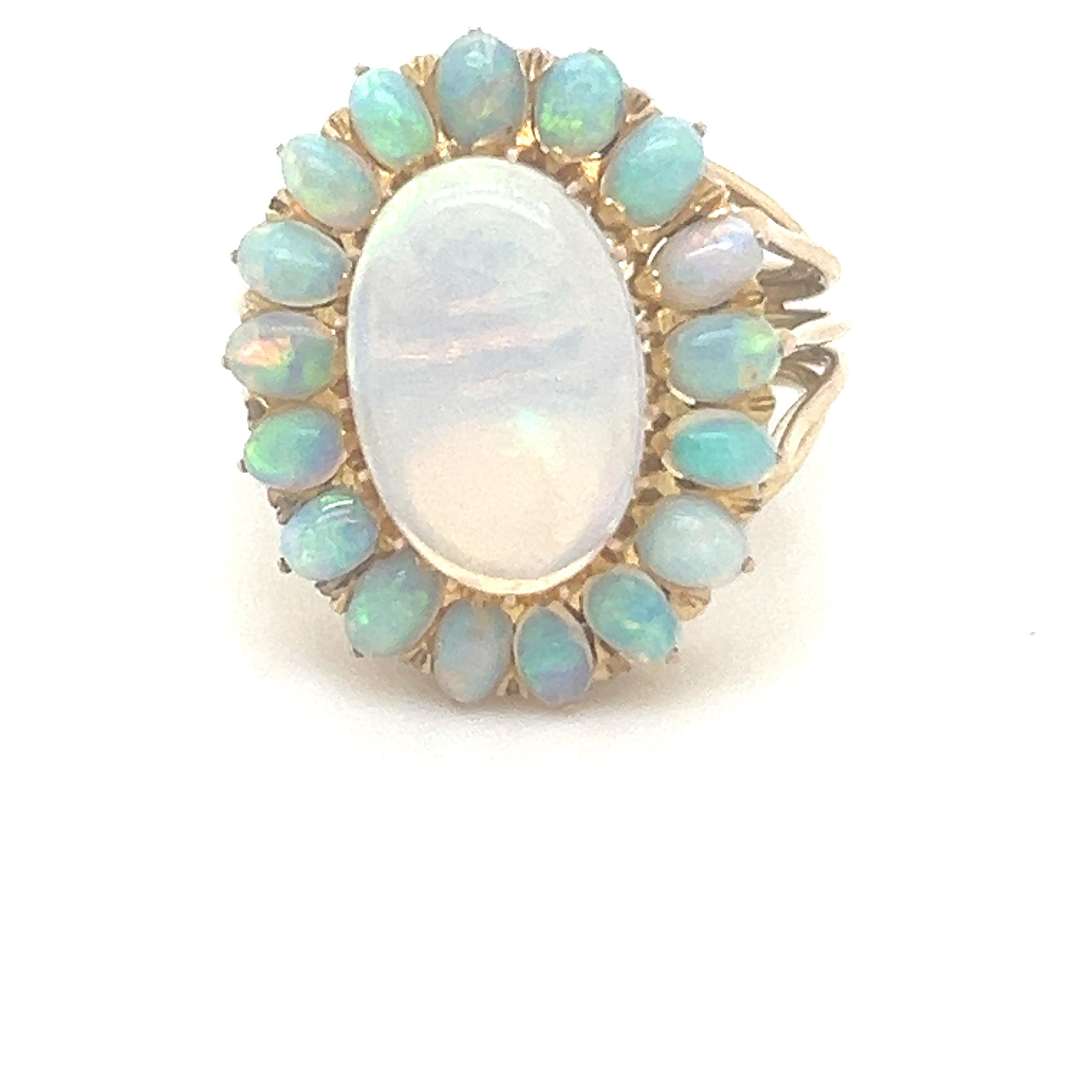 A White Solid Crystal Opal Oval Cluster Ring, with an oval opal claw set in 18ct yellow gold within a border of 17 small oval solid white crystal opals on a five wire band.

Centre Opal 2.00ct (estimated), 13.3 x 9.1 x 2.4mm

Small opals 3.5 x