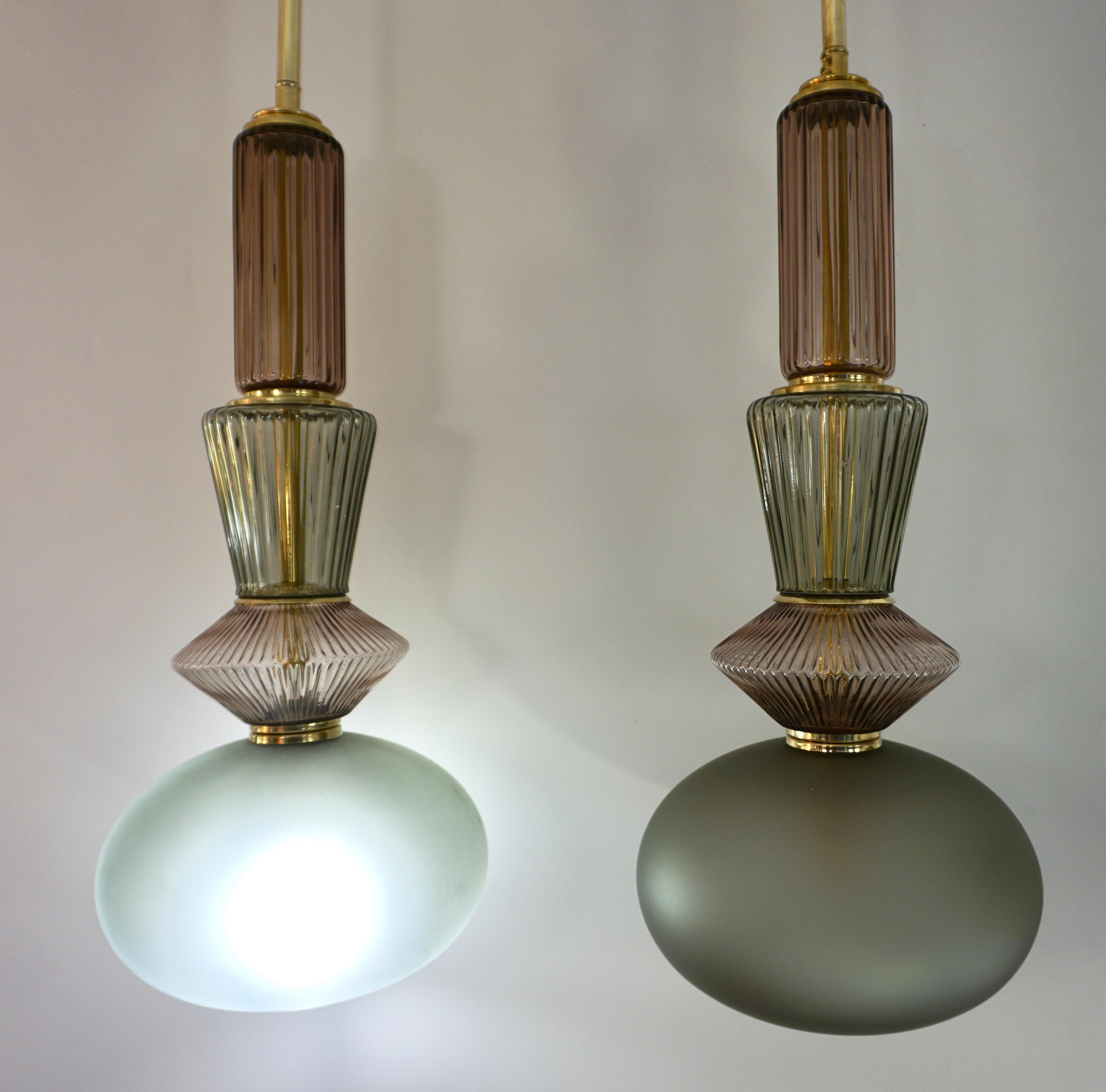 Bespoke Organic Amethyst Gray Green Murano Glass Brass Pendant Light 4