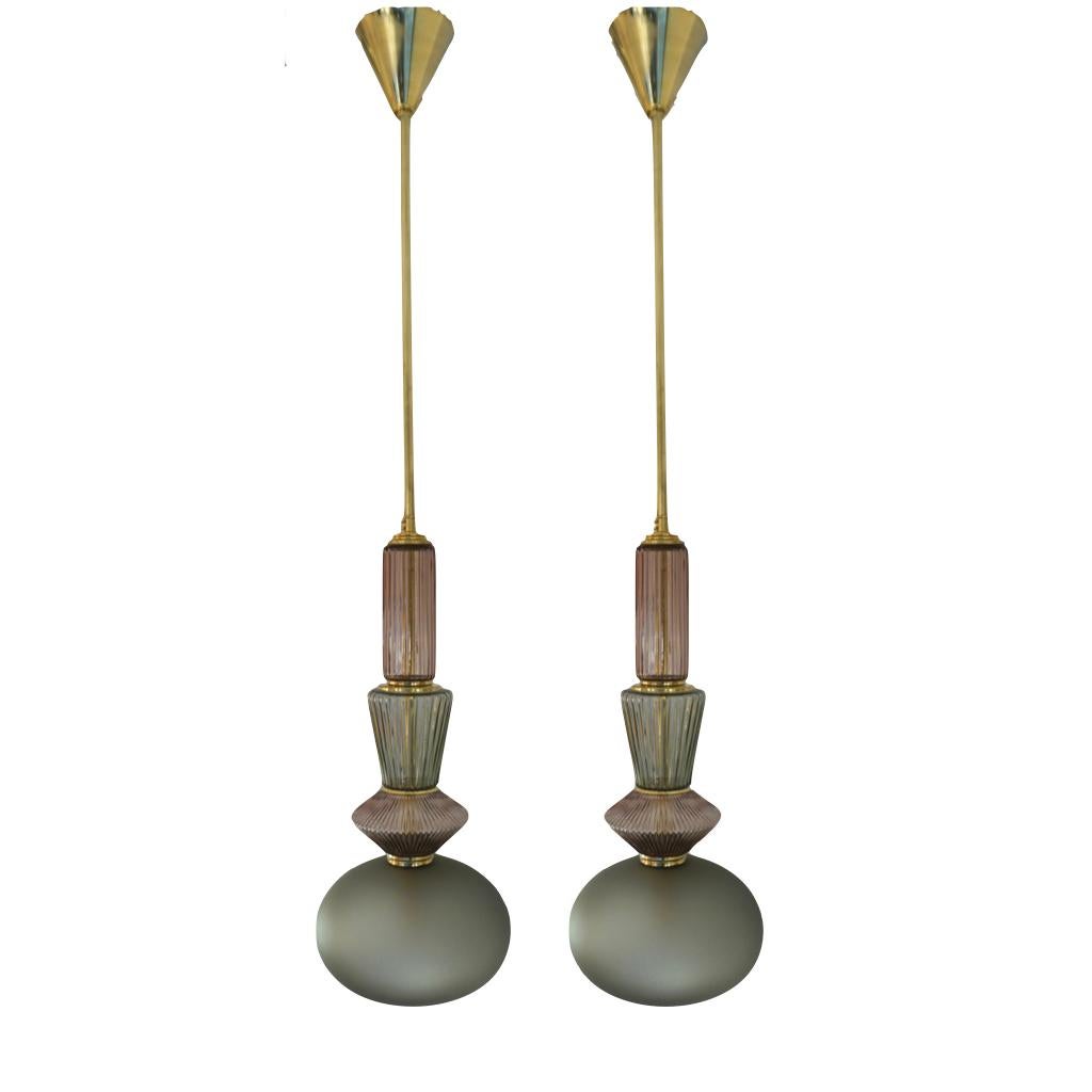 Bespoke Organic Amethyst Gray Green Murano Glass Brass Pendant Light 7