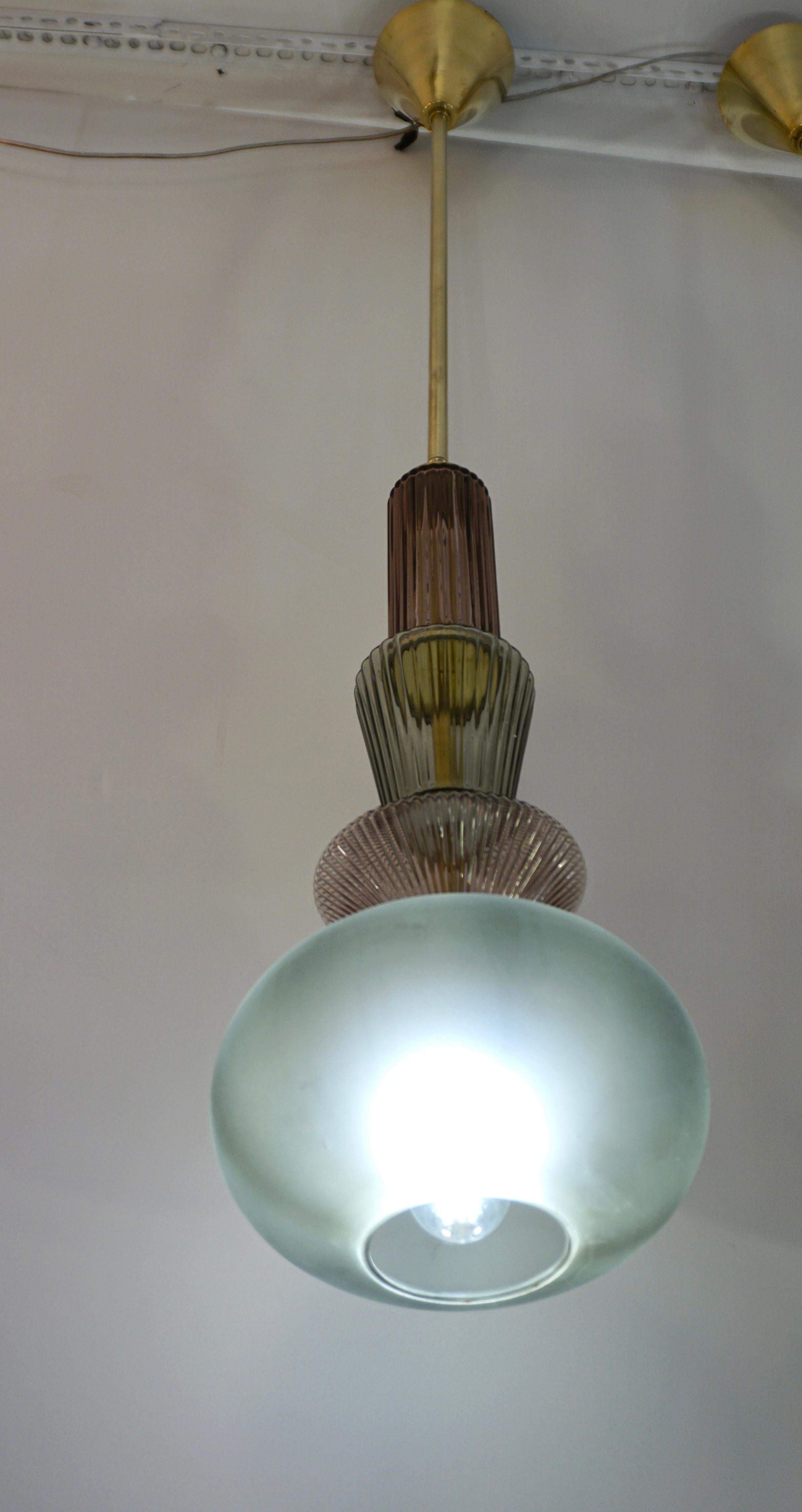 Bespoke Organic Amethyst Gray Green Murano Glass Brass Pendant Light 10